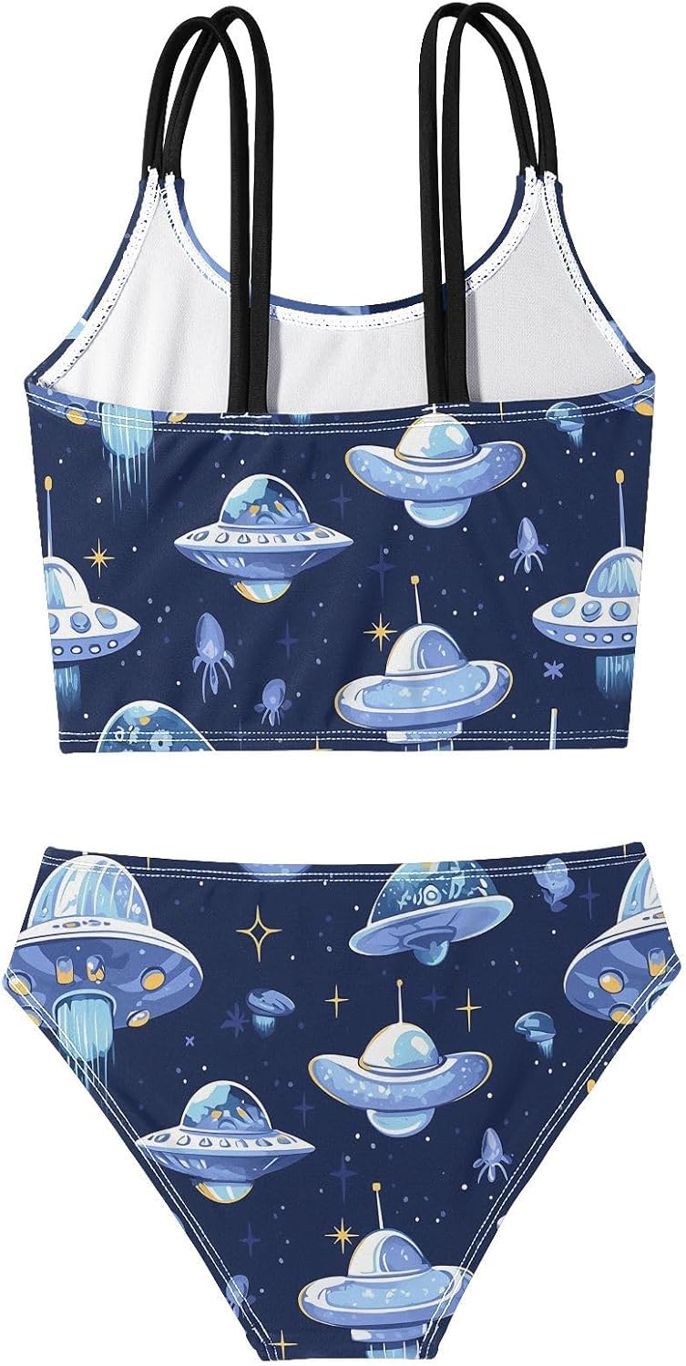visesunny Girls Two Piece Swimsuits Spaceship Star Pattern Girl's Bikini Sets Bathing Suits for Girls Size 5-12Y
