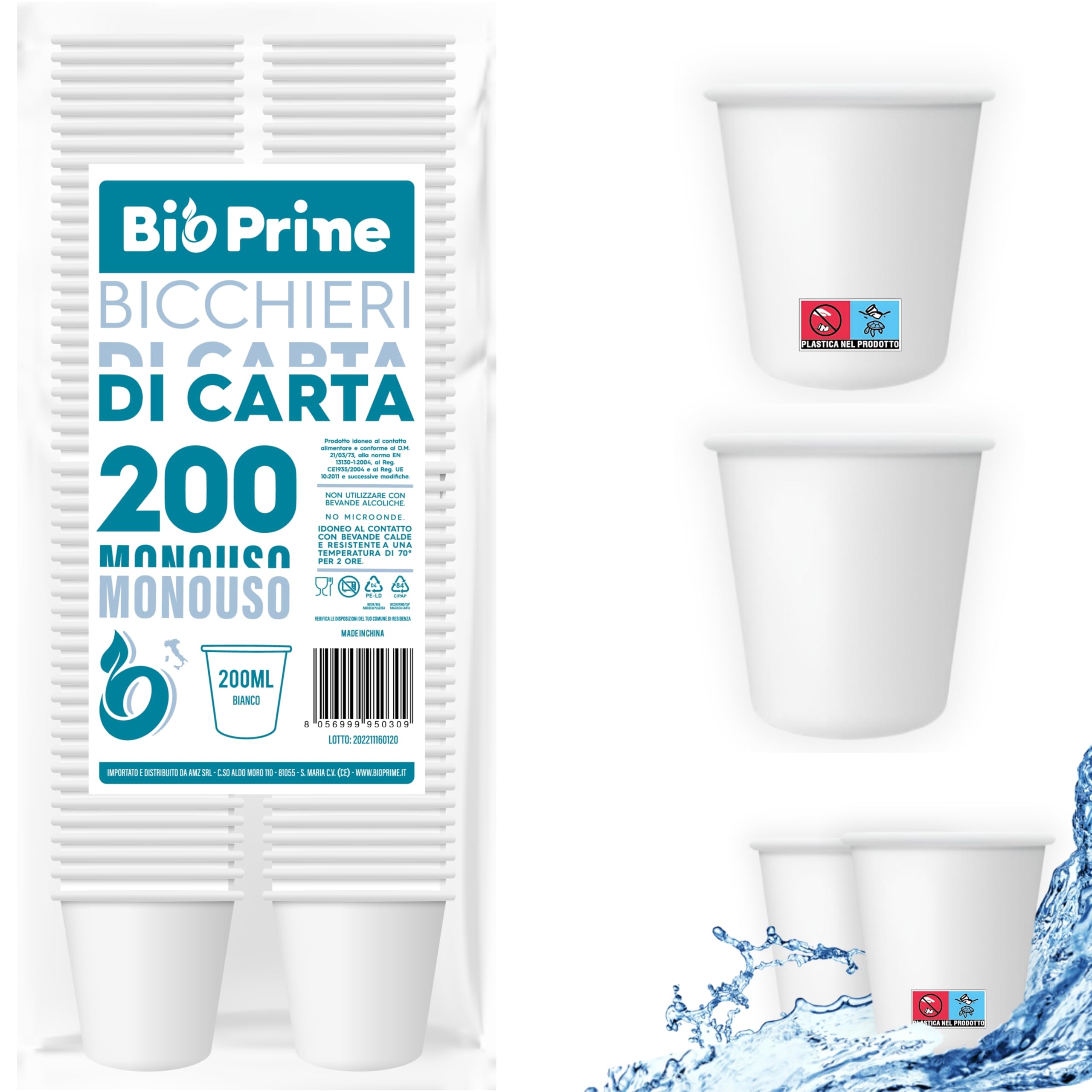 200pz - Bicchieri Acqua in Carta 200ml - Bicchieri 200ml Biodegradabili - Per Bevande Calde, Acqua e Bibite - Bicchieri Usa e Getta.