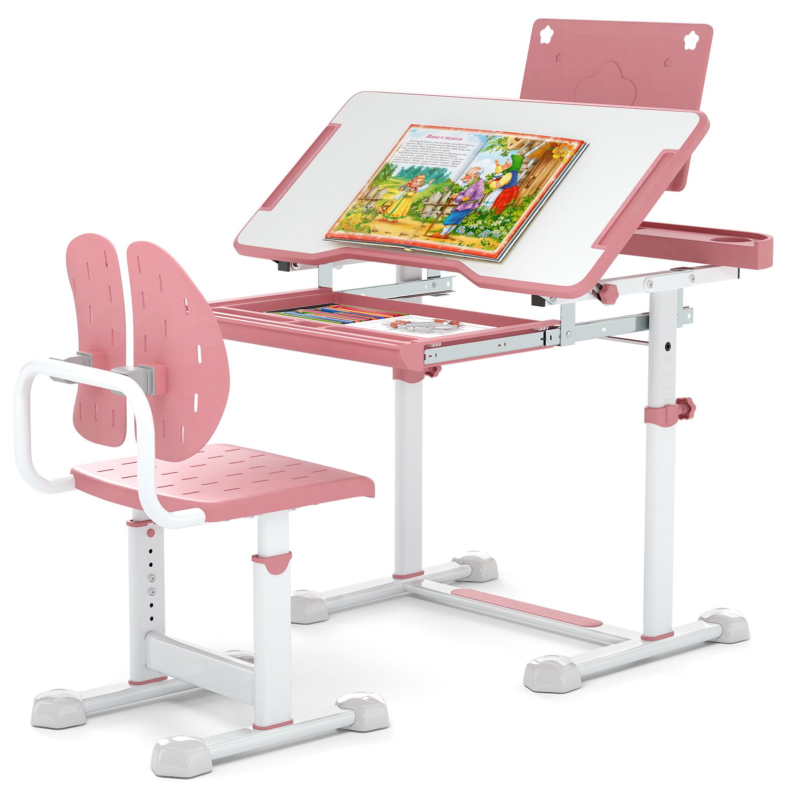 COSTWAY Schreibtisch Kinder mit Stuhl, Kinderschreibtisch höhenverstellbar mit neigbarer Tischplatte, Jugendschreibtisch mit Schublade & Buchständer für Jungen & Mädchen ab 3 Jahren (Rosa)