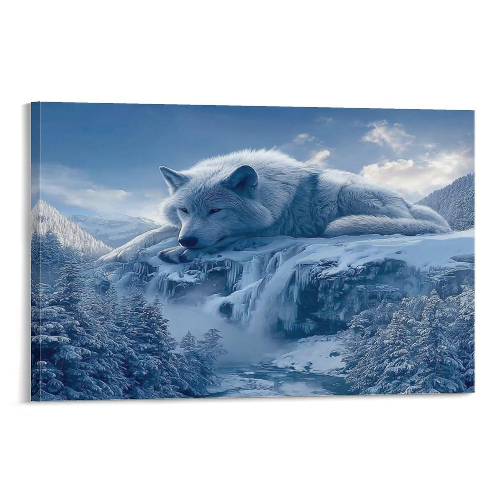 CPLVKWRQJ Snowy Wolf Landscape Single Piece White Wolf Resting Frosty Rocky Mountain Cliff Canvas Wall Hanging - Nursery Space Saving Removable Ready to Hang Decor 12x18inch(30x45cm)