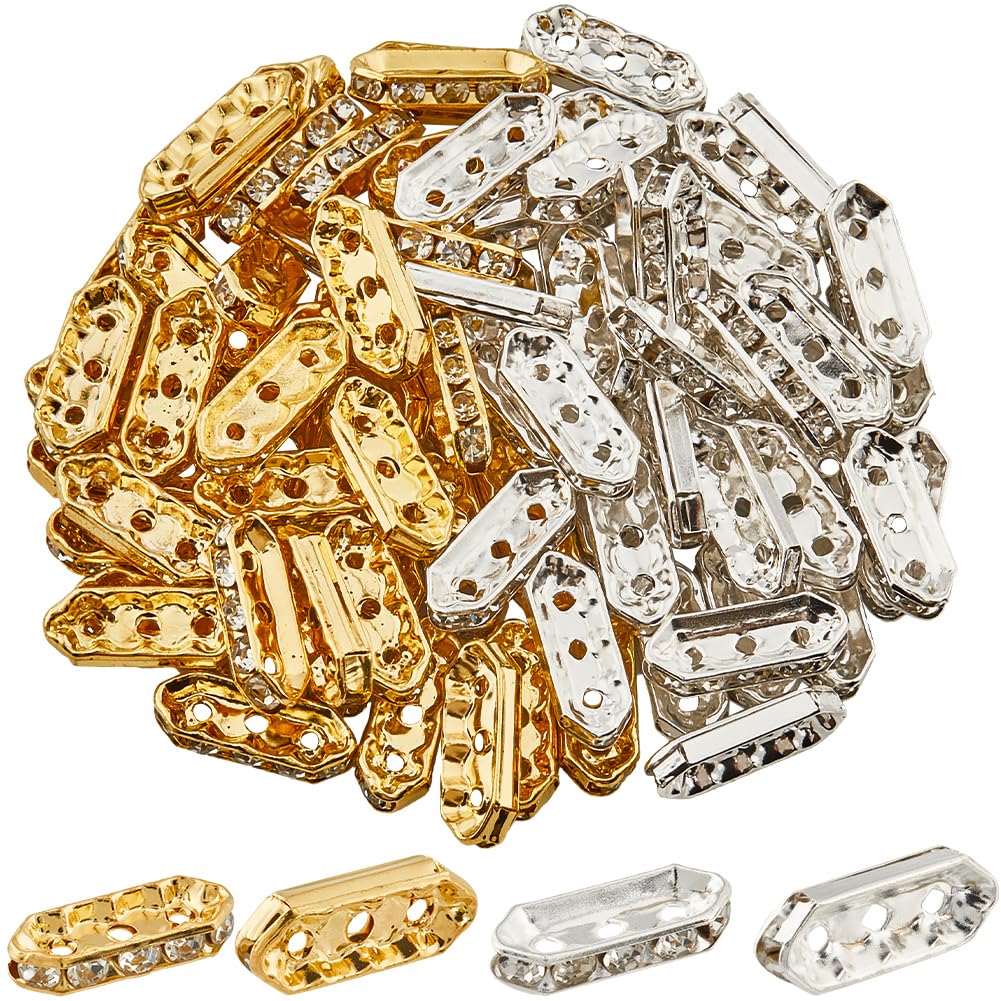 Photo 1 of SUNNYCLUE 1 Box 100Pcs Rhinestone Spacer Beads 3 Hole Connector Bulk Sliver Gold Oval Alloy Metal Bar Link Rectangular Beads for Jewelry Making Supplies DIY Multi Strand Craft Necklace Bracelet