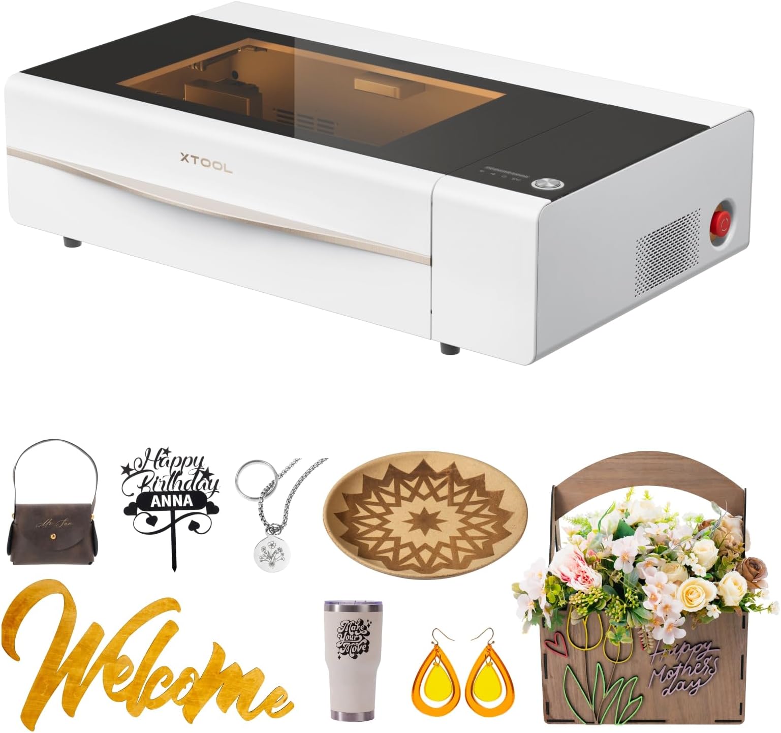 xToolP2 55W CO2 Laser Cutter, Smart Desktop CO2 Laser Engraver and Cutter Machine, Dual Smart 16MP Cameras, Curved Surface Engraving, Create with Wood and Metal Acrylic Glass Fabric Leather (White)