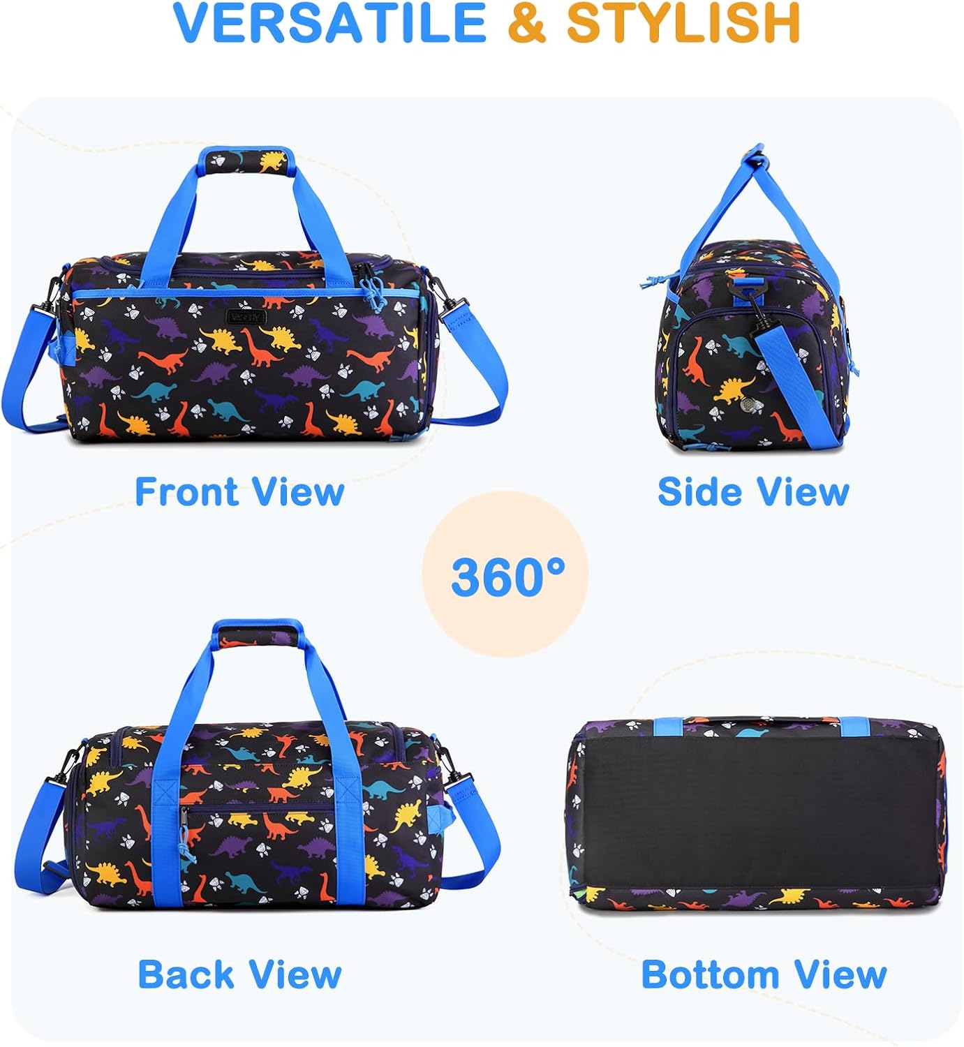 Kids Duffle Bag,VASCHY Travel Bag for Boys Water Resistant Overnight Duffle Gym Sport Dance Bags with Shoes Compartment Dry and Wet Pocket Carry On Weekender Bag Blue Dinosaur - Image 6