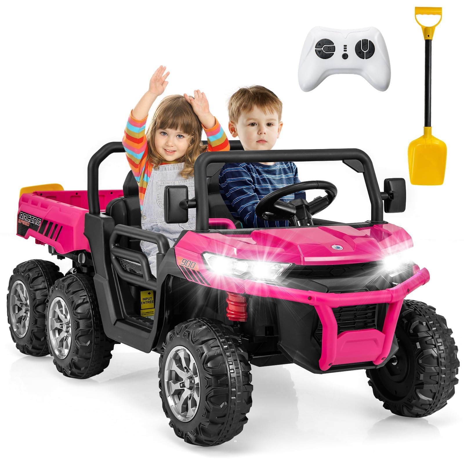 OLAKIDS 24V 2 Seater Ride on Dump Truck, 4WD 6x6 Battery Powered Kids UTV with Remote Control, 4 x 90w Engine, Electric Dump Bed, Spring Suspension, Ride on Toys for Big Kids (Rose)
