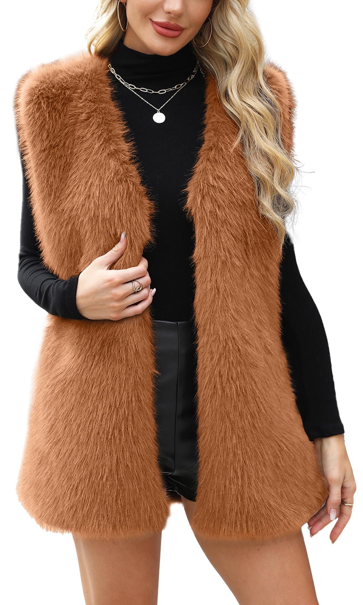 FEOYA Gilet in pelliccia da donna, elegante, lungo, in pile, con orsacchiotto, in pelliccia sintetica