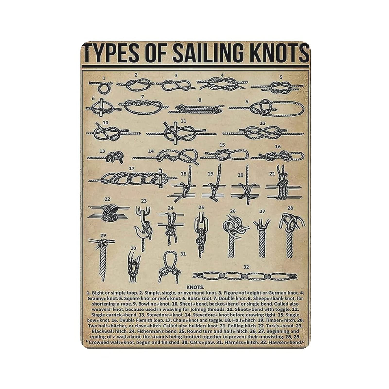 Types of Sailing Knots Metal Signs, Fun Poster For Bar Kitchen Cafe Farmhouse Wall Decor 12x16 inch