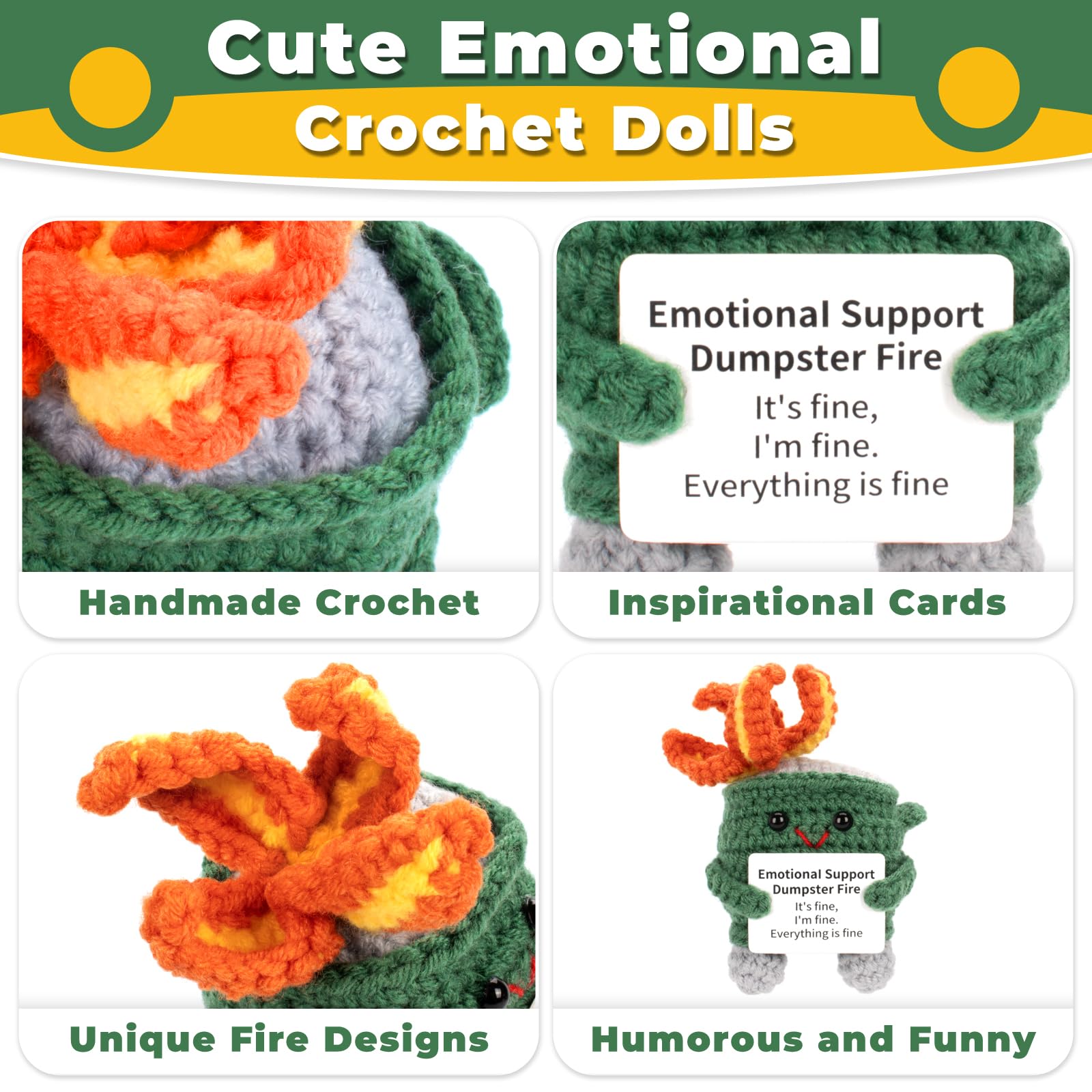 Emotional Support Crochet Dumpster Fire With Positive Card Cute Room Decor Knitted Toys Funny Crochet Support Buddies Gifts For Friends (Green