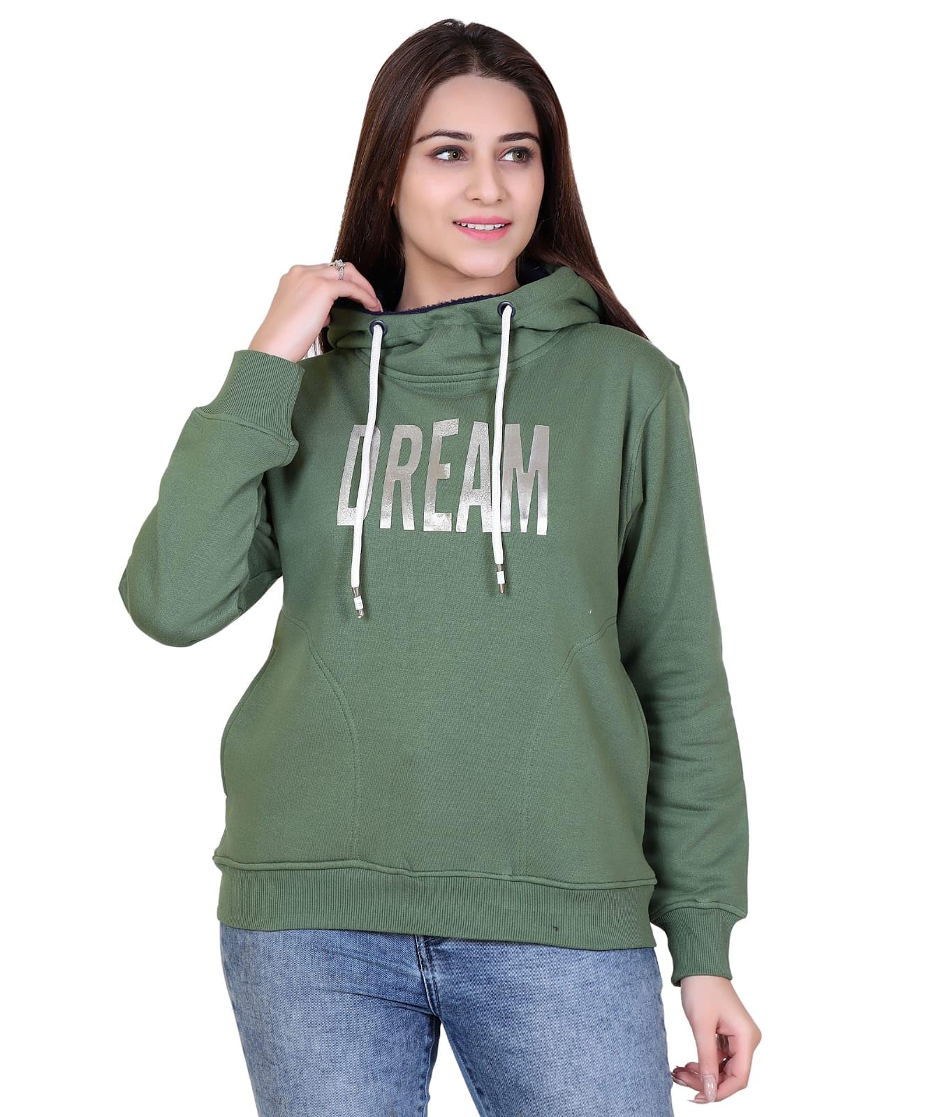 hold Women's Fleece Sweatshirt, Green, Long Sleeve, Graphic Dream Print, Regular Fit with Side Pockets, Winter Casual Wear-picture-15
