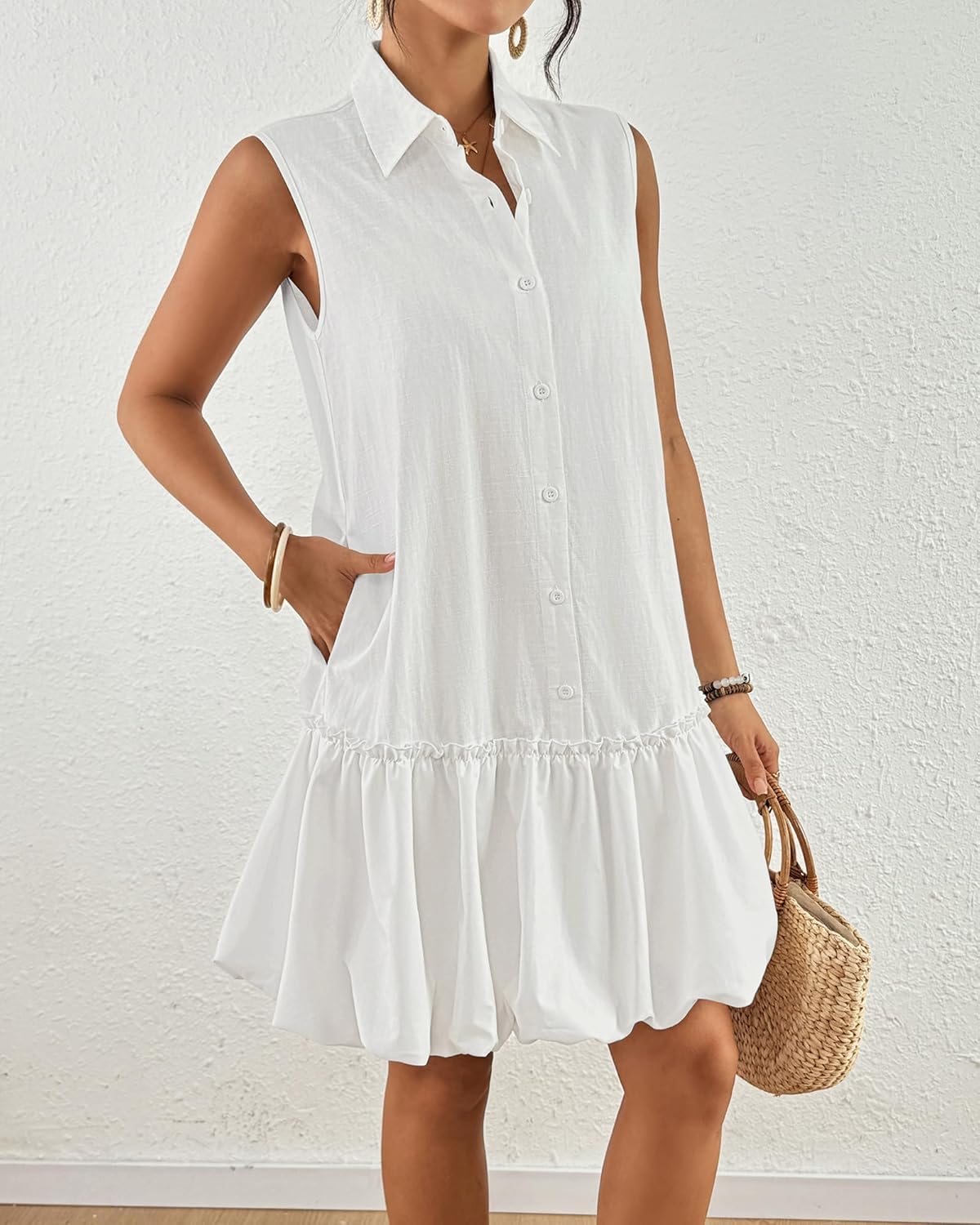 Bsubseach Womens Casual Summer Dresses Sleeveless Linen Bubble Mini Short Dress Button Down Shirt Sundress with Pockets - Image 3