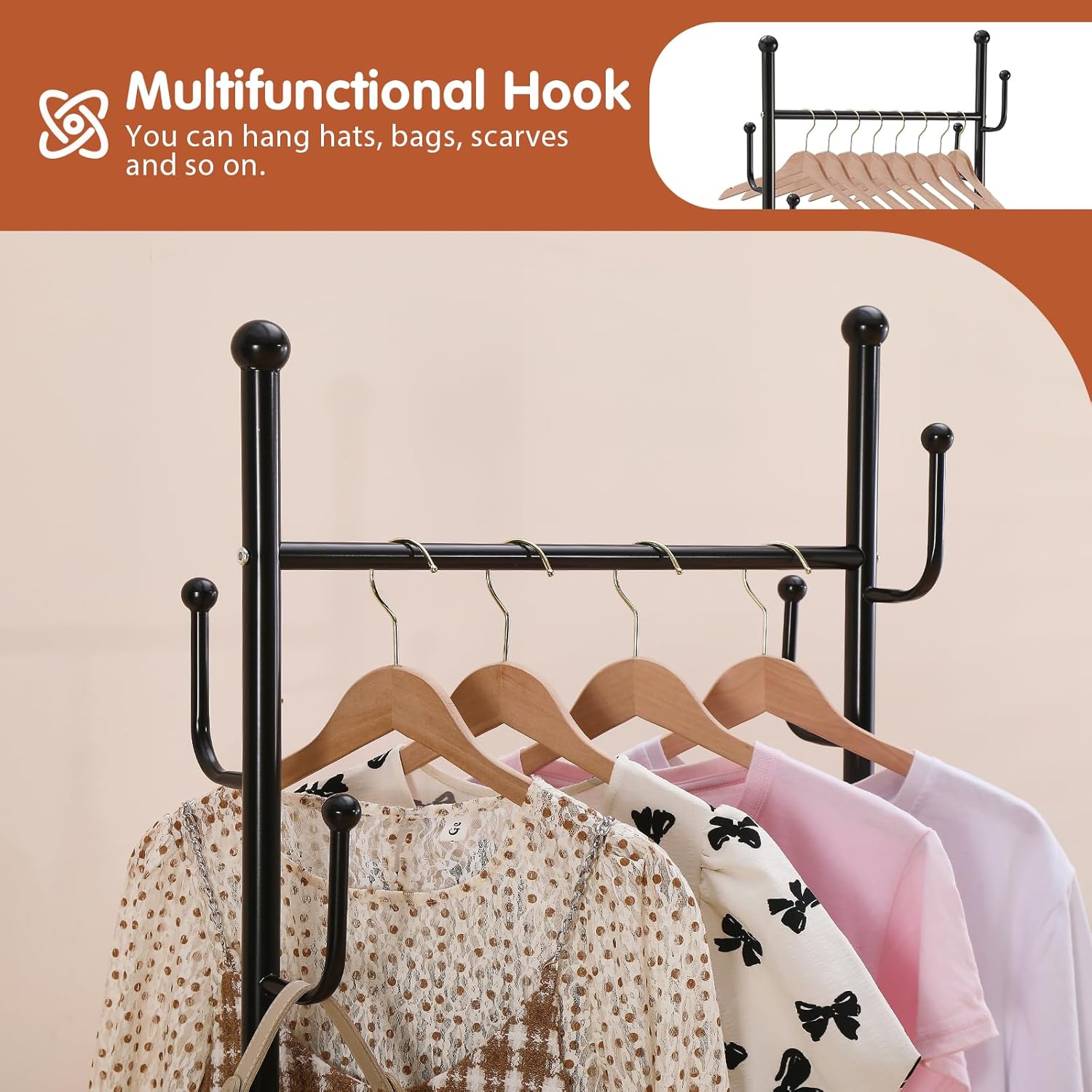 BOOSDEN Portable Clothes Rack on Wheels, Clothing Racks for Hanging Clothes, Rolling Garment Rack with 2 Storage Shelves and 4 Hooks, Sturdy Freestanding Metal Cloth Rack for Small Space (Black)