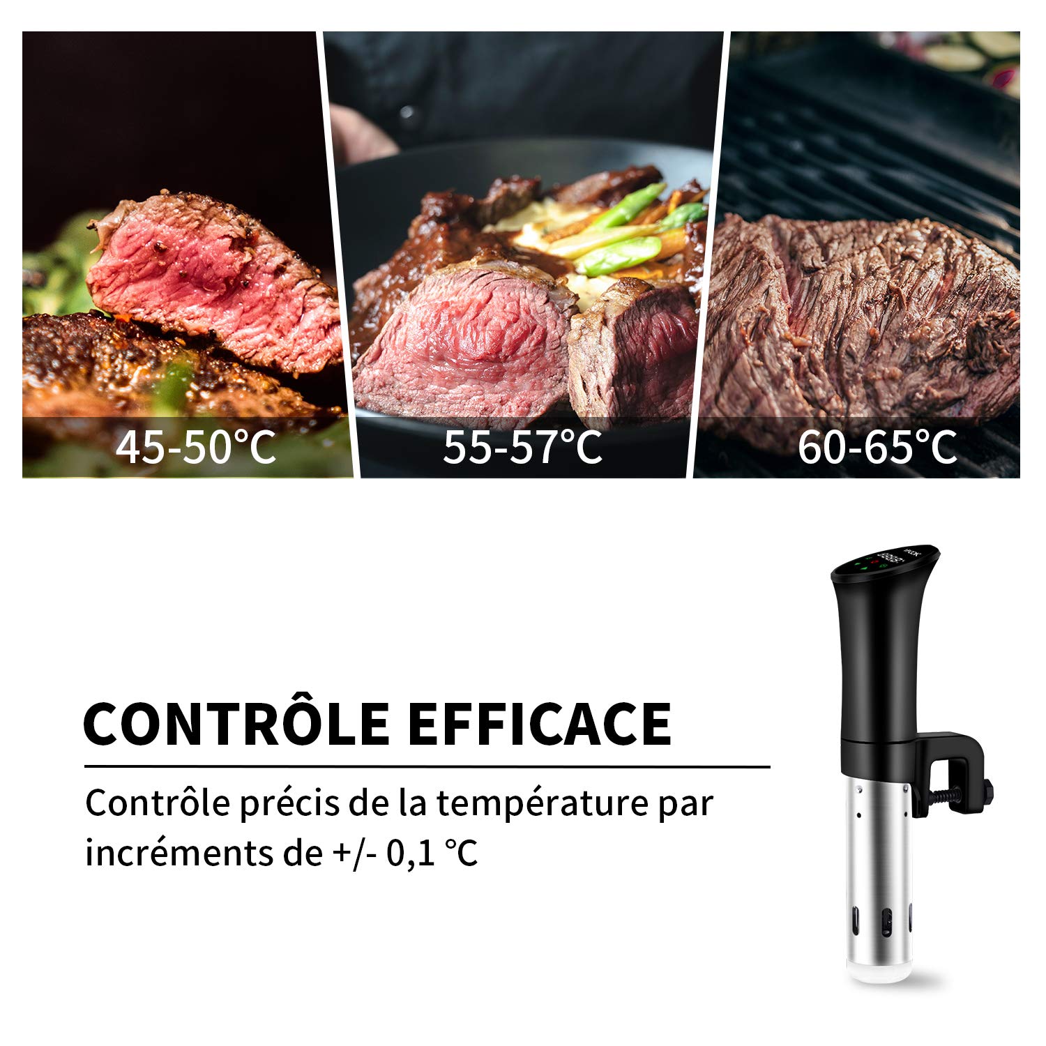 Cuiseur Sous Vide, Thermoplongeur Sous Vide, Circulateur d'Immersion de Cuisinière avec 0,1 ℃ Contrôle Précis de la Température, Circulation d'eau Silencieuse Puissante 3D, Nutrition