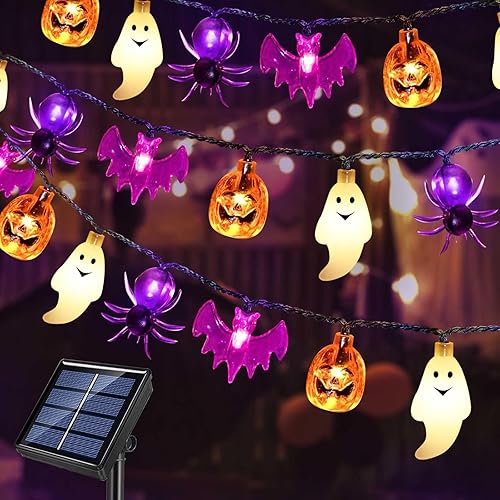Luces solares de Halloween, 40 LED, 8 modos, impermeables, encendido/apagado automático, uso al aire libre