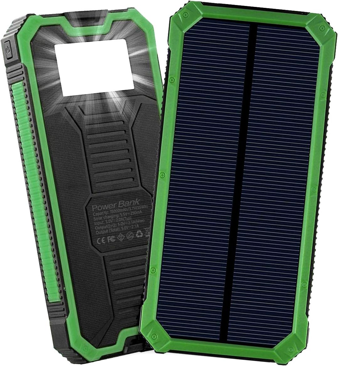 Solar Charger, Friengood 15000mAh Portable Solar Power Bank with Dual USB Ports, Solar External Battery Pack Phone Charger with 6 LED Flashlight Light for iPhone, iPad, Samsung and More (Green)