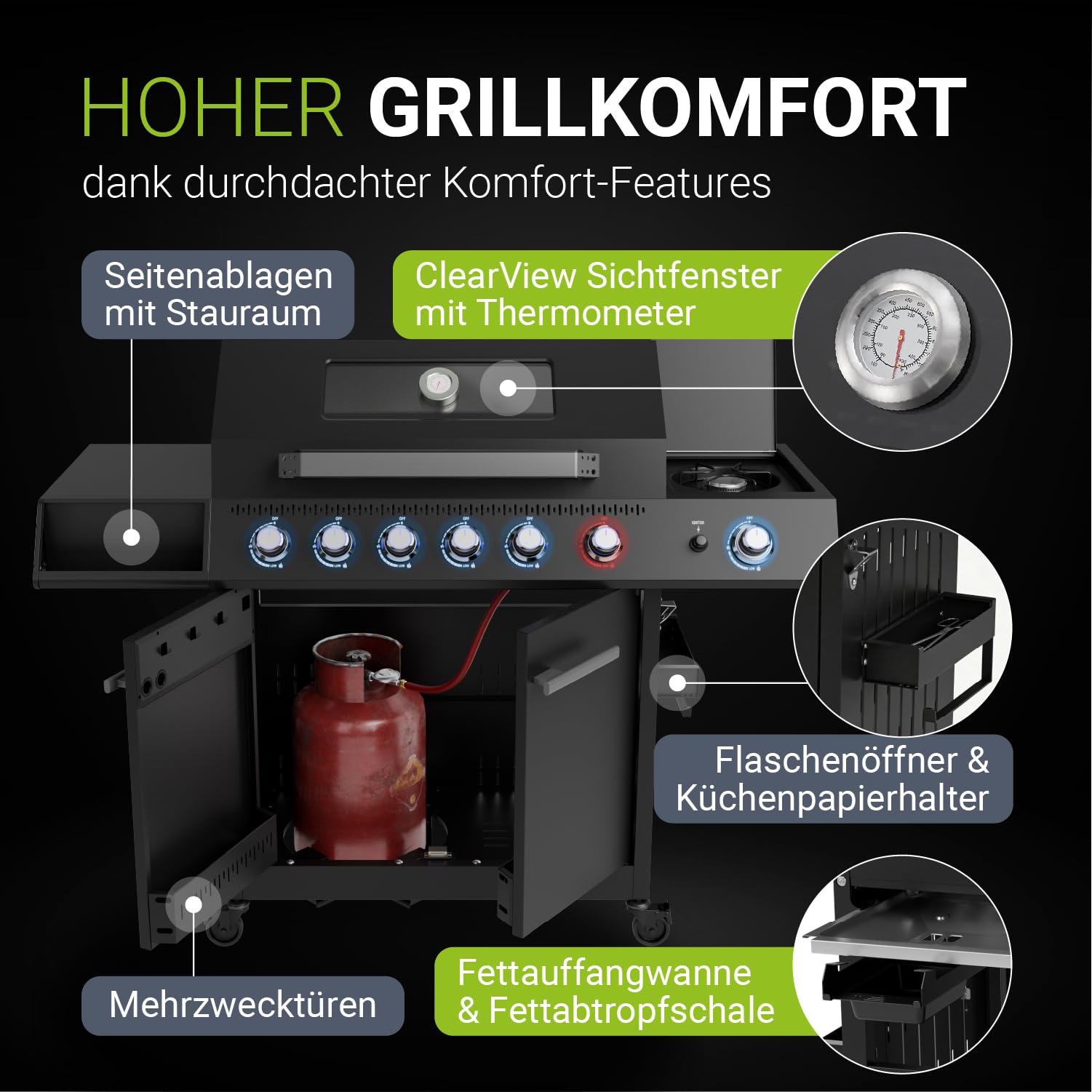 JUSKYS® Gasgrill Tennessee 6+1 – Grillwagen mit 6 Edelstahlbrennern, Seitenkocher, Gusseisenrosten, Glasdeckel mit Thermometer, LED-Knöpfen & Abdeckung