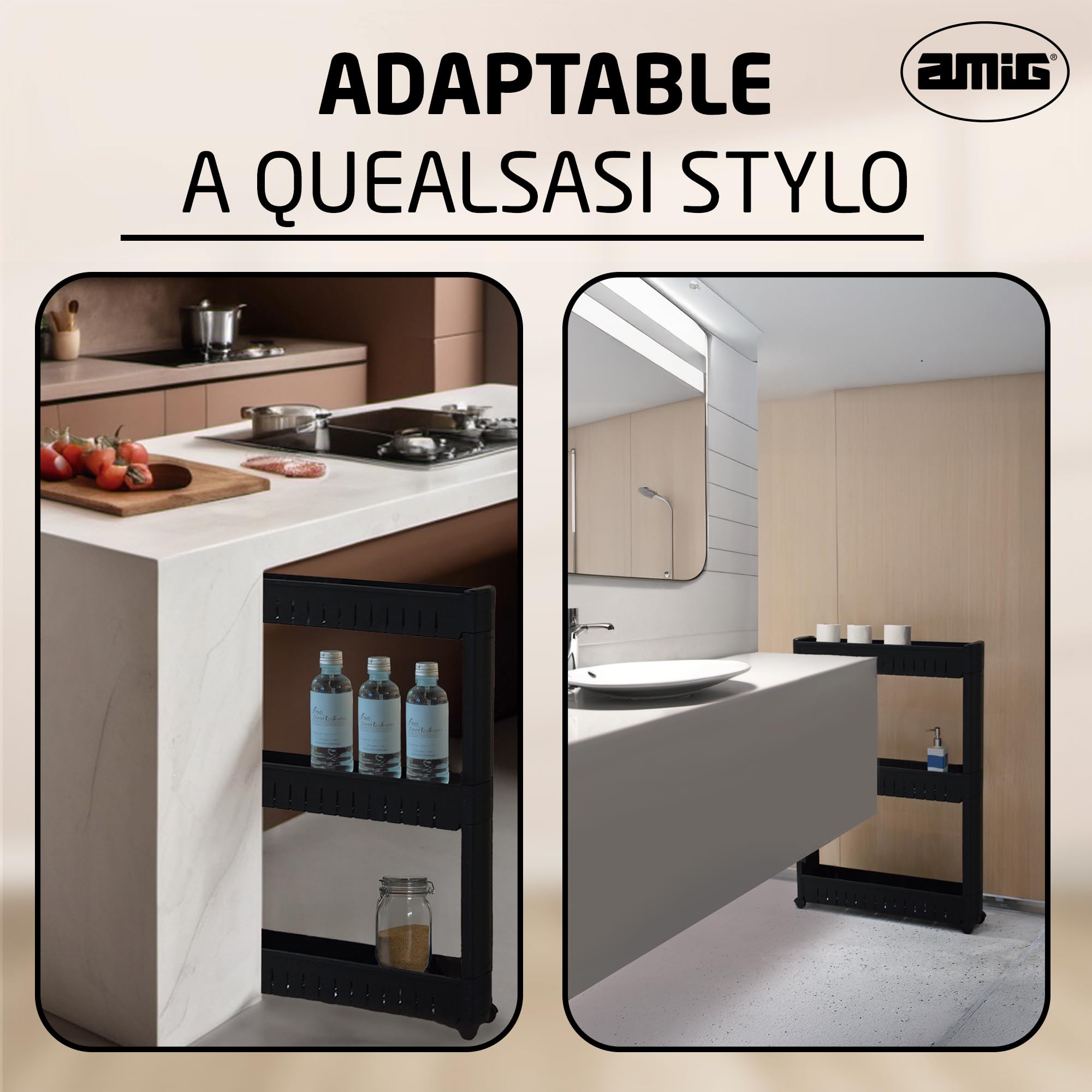 Amig - Carrello stretto con ruote Böken - Nero - 54 x 12 x 78 cm - Carrello ausiliario per ripostiglio - Unità di stoccaggio a 3 livelli per bagno