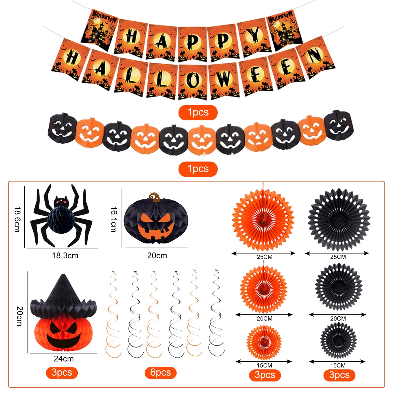 Xunerloy Halloween Party Decorations, Reusable Happy Halloween Paper Banner Paper Fans for Home, Pumpkin Garland Hanging Honeycomb Balls Suitable - Image 2