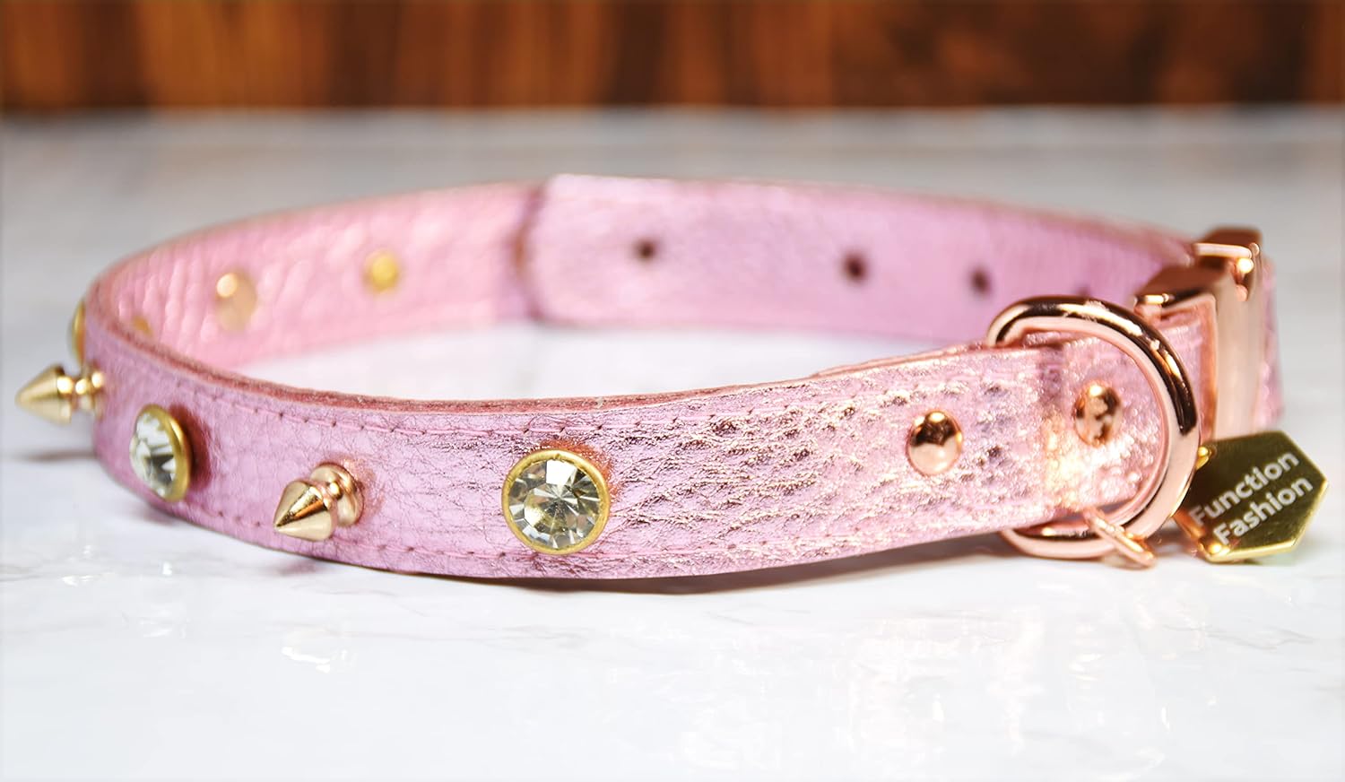 Handmade Lady Pink Leather Collar: Luxury Crystal and Spiked with Soft Pink Metallic Leather Collar and Rose-gold Quick Release Metal Buckle Collar (X-Small)