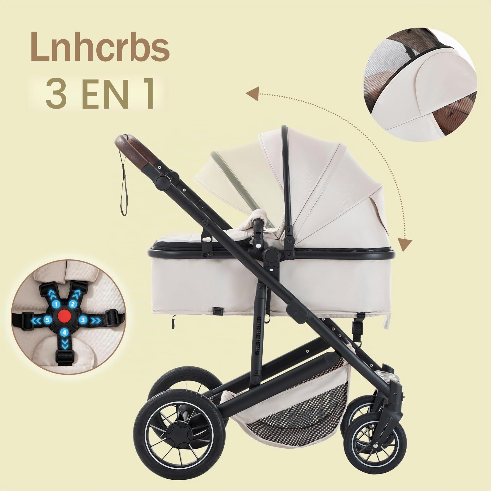 Poussette 3 en 1 Avec Base ISOFIX & Siège Auto, Stroller Bebe Confort, Poussette à Poignée Réglable-Inclut Couvre-Pieds, pour Bébés 0-4 ans,Gris foncé