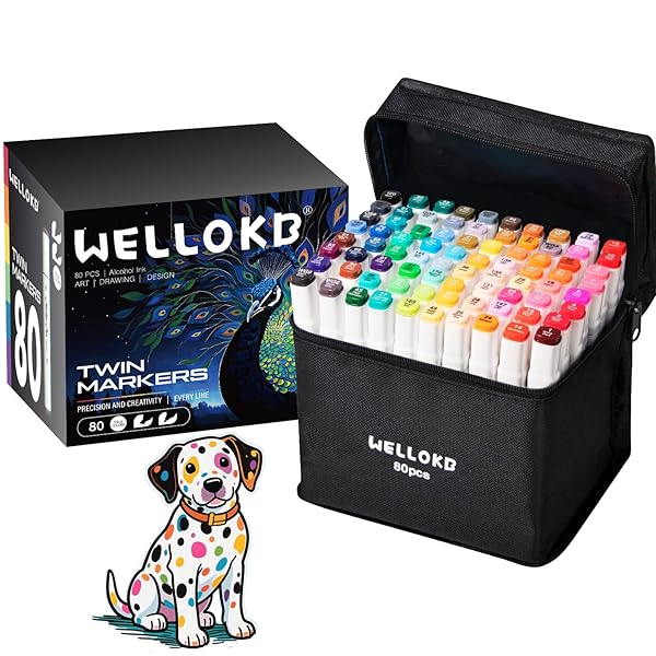 WELLOKB Alcohol Markers Set, 80 Colors Dual Tip Art Markers with Broad and Fine Tips for Adult Coloring Books, Drawing, Illustration, Sketching, No Bleed Ink Supplies