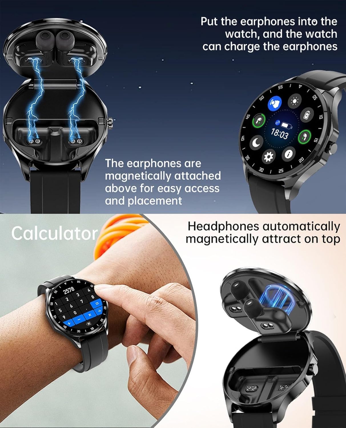 Inteligentny zegarek z słuchawkami, 2 na 1 smartwatch ze słuchawkami, kombinacja 1.43 ”ekran HD Smart Watch i wkładki douszne na Androida iOS, z otrzymanym połączeniem, rekordem ćwiczeń moni