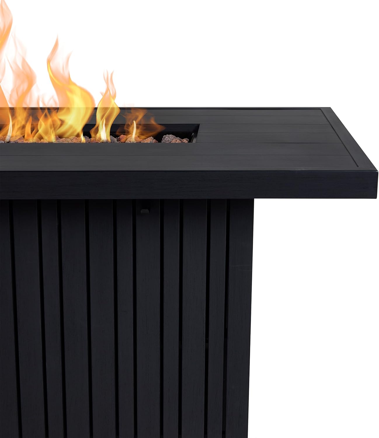 Real Flame Calvin 52in Rectangle Propane Fire Pit Table, 50,000 BTU, Hidden Tank Storage, Aluminum, Push-Button Ignition, CSA Certified, Lava Rock, Storage Cover, Stainless Steel Burner with Lid