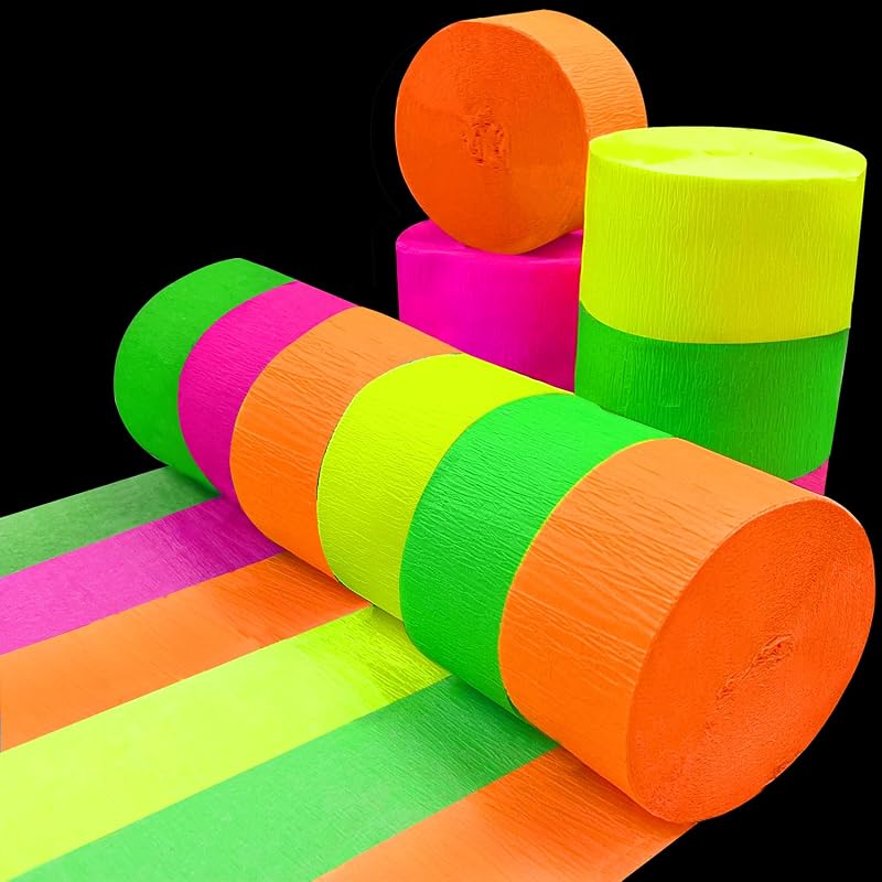 400 pies Glow Party Neon Streamer Decoraciones Glow Crepe Paper Streamers UV Reactive Fluorescente Neon Paper Streamers Brillan en la oscuridad Suministros y decoraciones para fiestas Boda Cumpleaños Fiesta con luz negra