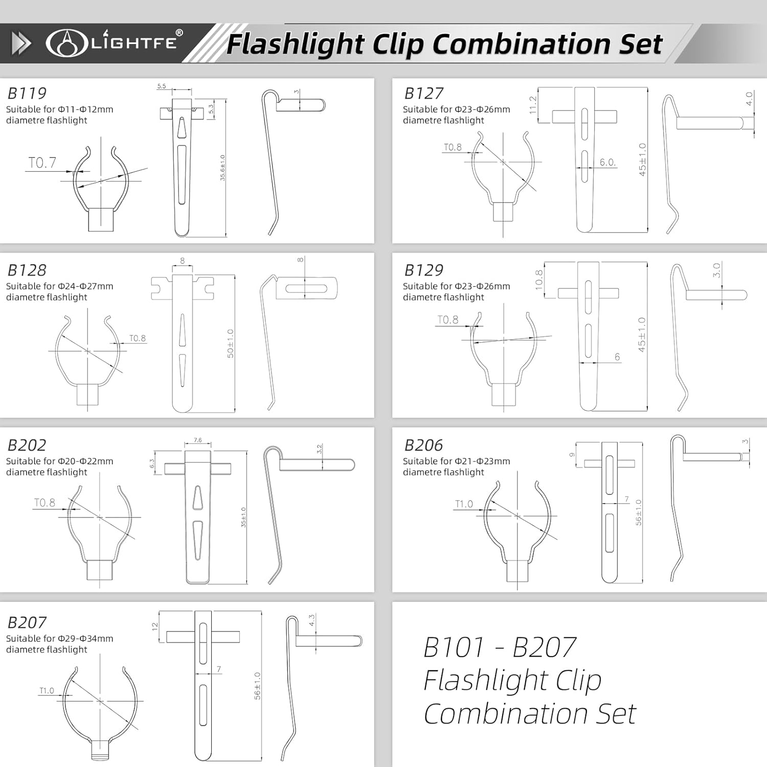 LIGHTFE 15-Pack of B119B207 Flashlight Attachments, Versatile Hat, Pocket, and Bag Clips, 15 Different Specifications