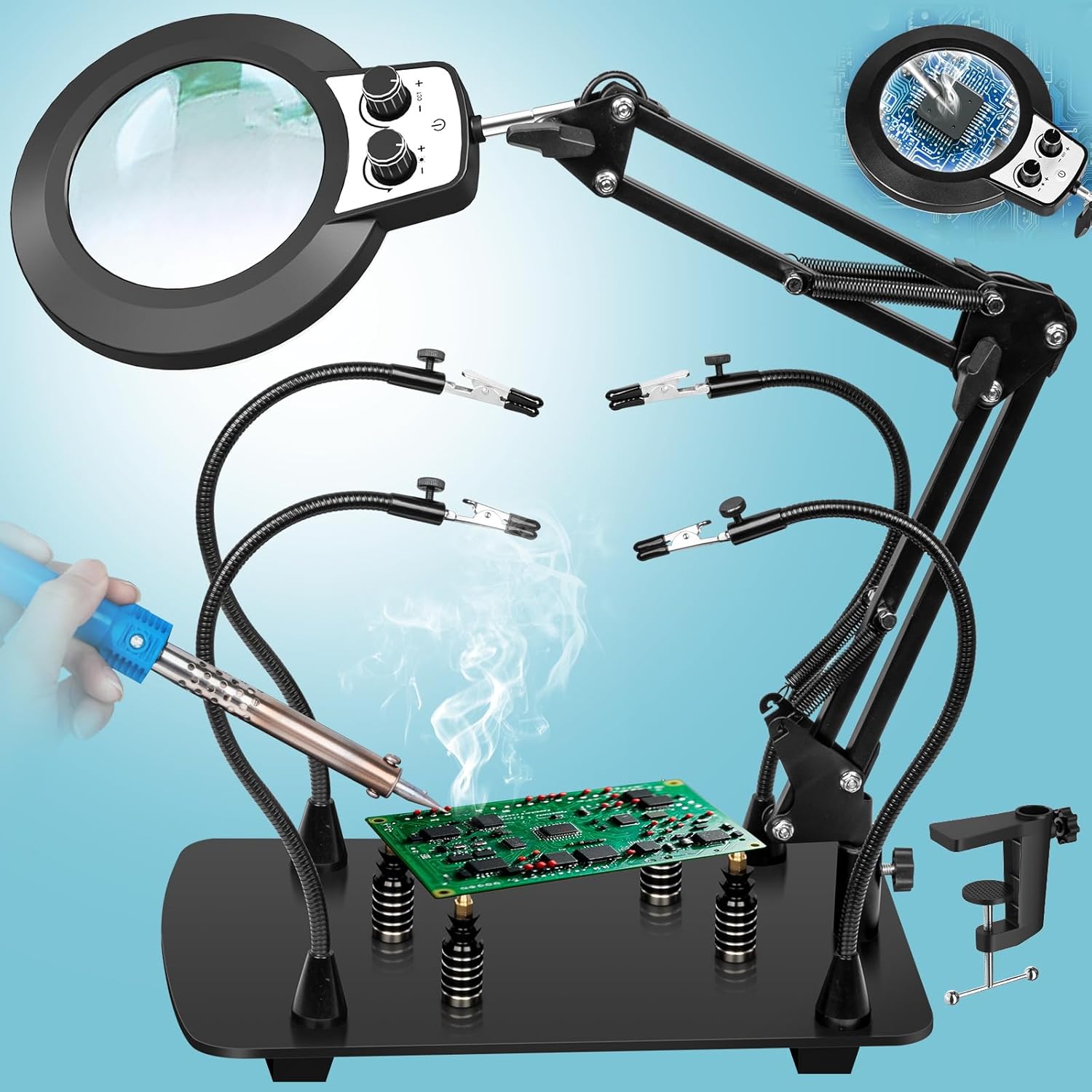 Helping Hands Soldering Station, 10X Magnifying Glass with Light and Stand, Magnetic PCB Holder, Infinite Color Dimming Magnifier Lamp for Electronic Repair Craft(10X PCB Holder Rotary Switch)