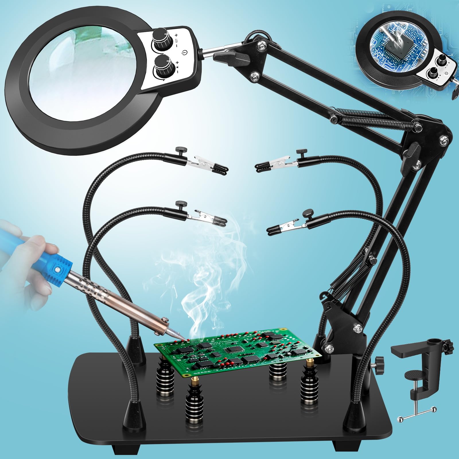 Stazione di saldatura Helping Hands, lenti d'ingrandimento 10X con luce e supporto, 4 pilastri magnetici PCB, lampada di ingrandimento dimmerabile a colori infiniti, per riparazioni elettroniche