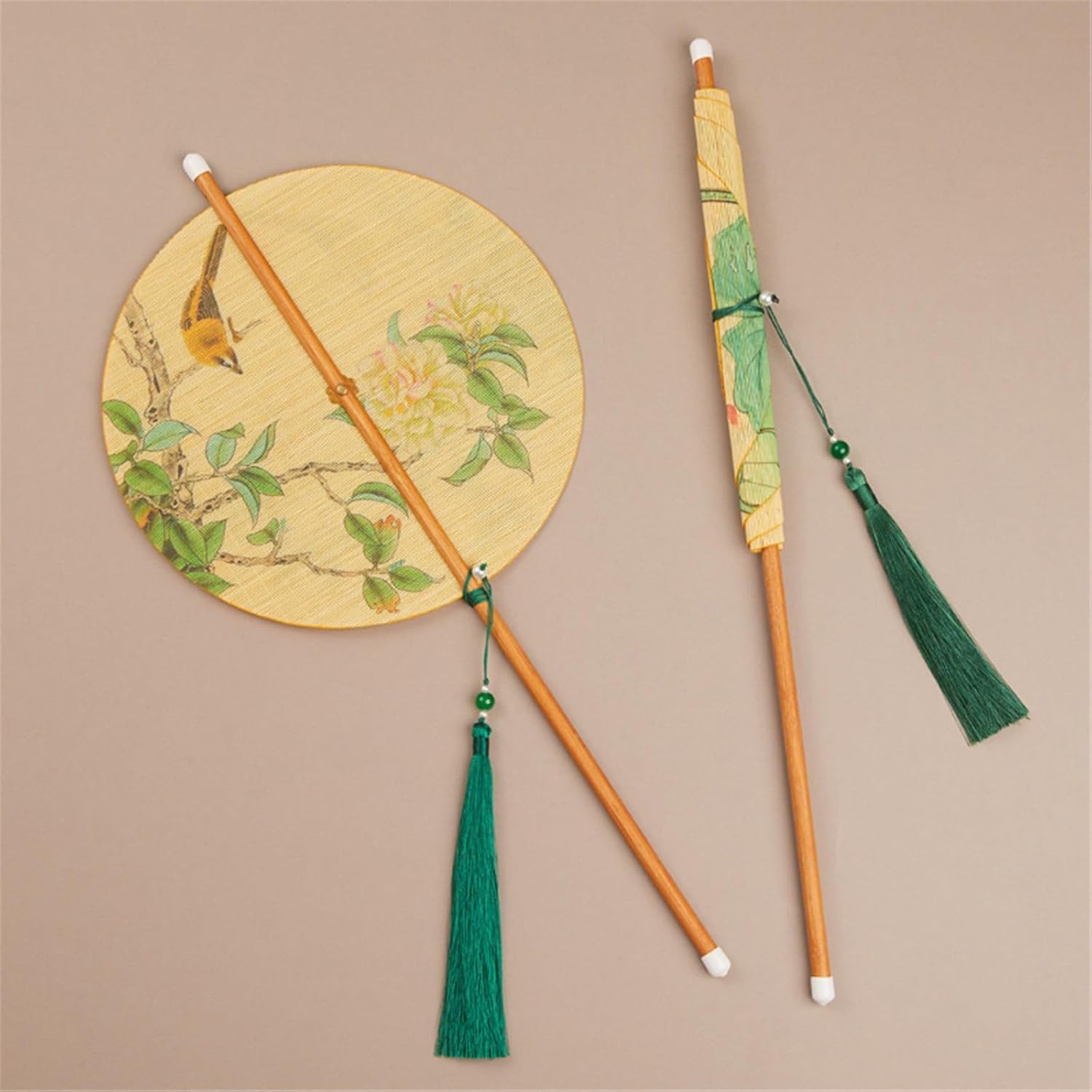 Round Hand Fan Retro Bamboo Waist Fan Round Long Handle Printing for Outdoor,Travel,Events