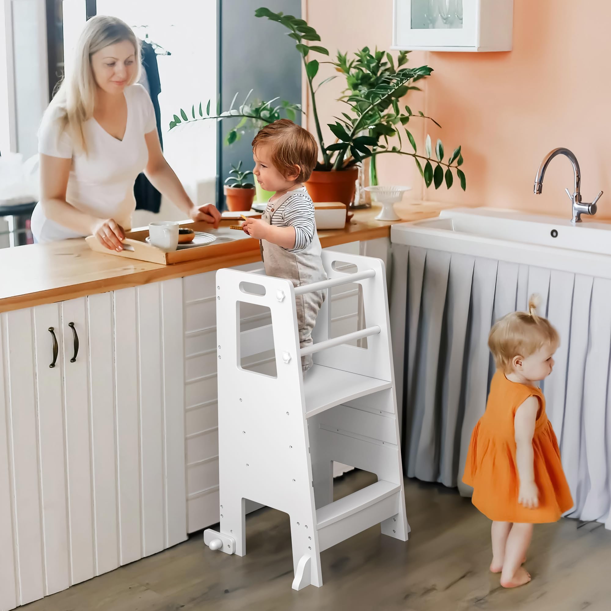 LUE BONA Lernturm für ab 1 Jahr,Kinderküchen Tritthocker mit Sicherheitsschienen,höhenverstellbarer Lernturm mit Sicherheitsschiene für Bad,Kinderzimmer, Küchentisch,Schlafzimmer,Weiß