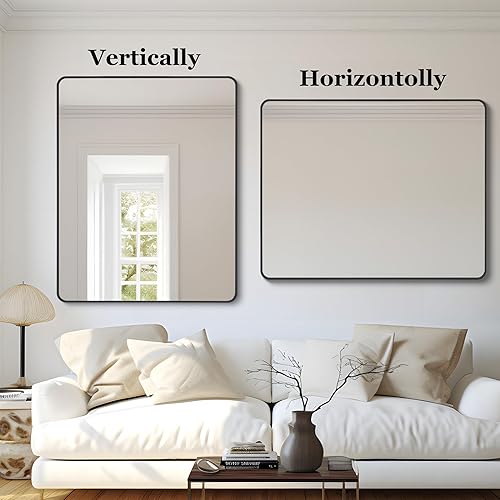 Miniatura 5 de FORBATH Espejo de baño negro, espejo rectangular de tocador de 32 x 40 pulgadas, montado en la pared, esquina redondeada, espejo de baño con marco