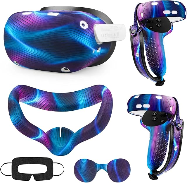 Accessories for Oculus Quest 2, VR Accessory Set for Meta Quest 2, Include Controller Grip Leather Cover, VR Shell Cover, Face Cover, Lens Cover and 10PCS Disposable Eye Cover(Aurora Blue)