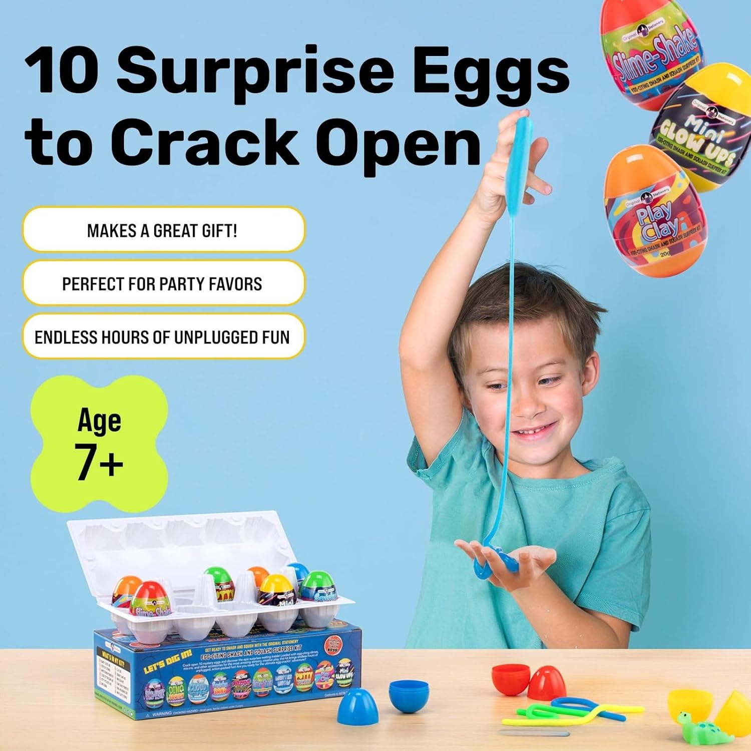 Original Stationery Smash and Squash Surprise Eggs – 10 Pre-Filled Eggs with Slime Shake, Stretchy Strings, Squishy Sand & Dino Toys – Fun Birthday Party Favors for Boys