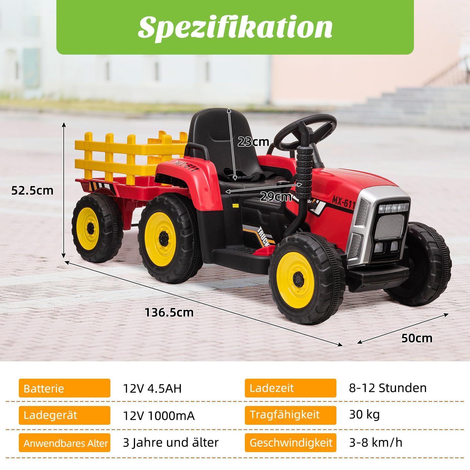 12V Tracteur électrique Enfants, avec Remorque Amovible, Voiture électrique Enfants pour 3 à 8 Ans, avec Télécommande, Musique & MP3, 3 Vitesses, Rouge