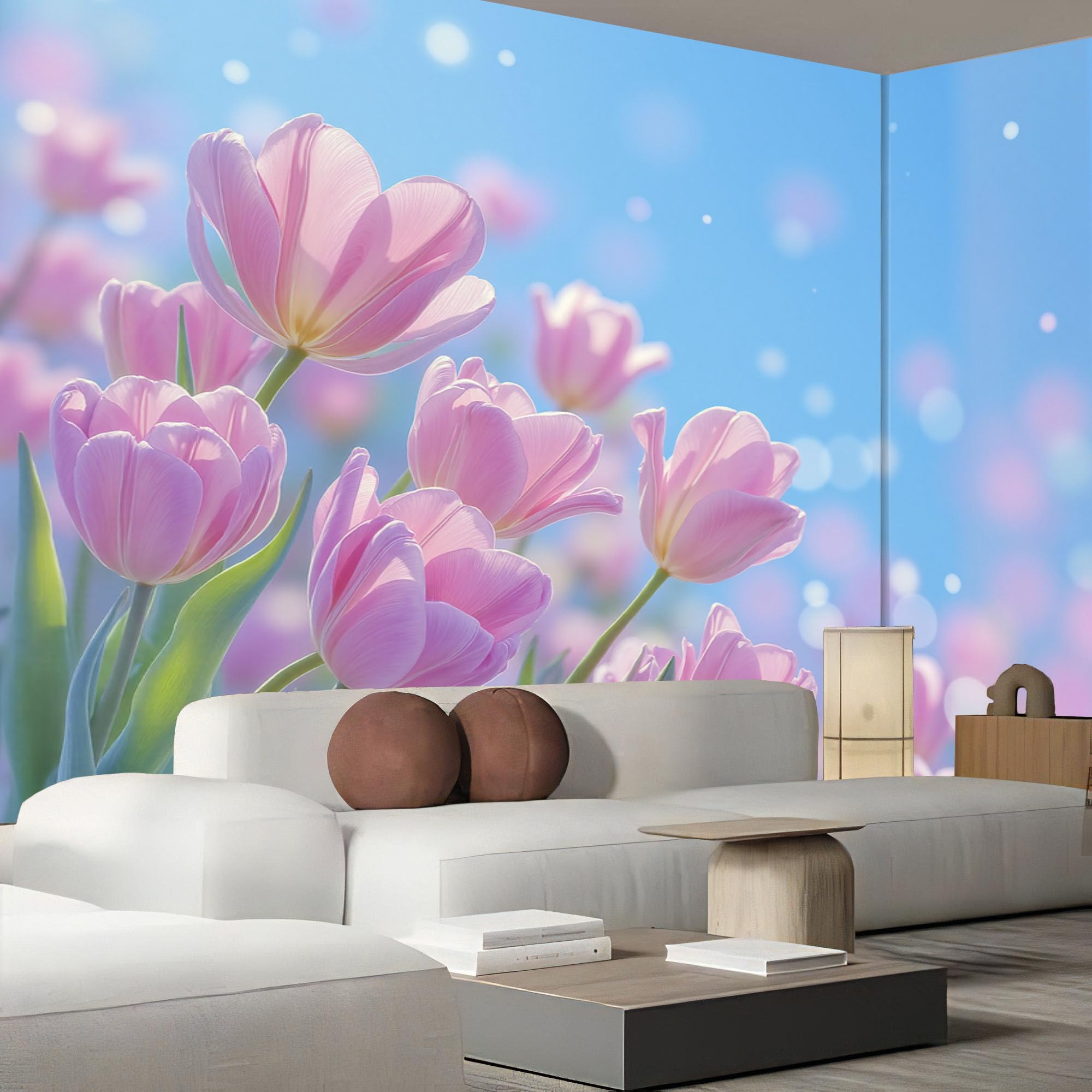 Papier peint tulipes printanières 3D au fini artistique bleu poudré pour fresque haut de gamme