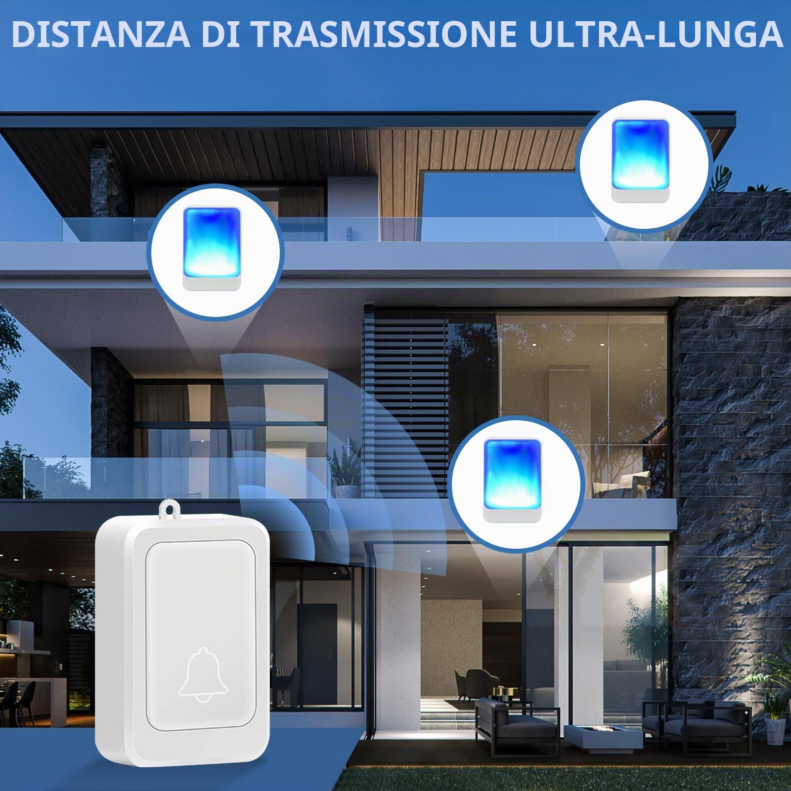 Campanello Flash Rumoroso con 7 colori di luce brillante e 4 volumi, campanello wireless da 183 m, a casa/ufficio, adatto per anziani, persone con problemi di udito, 2 trasmettitori con 3 ricevitori