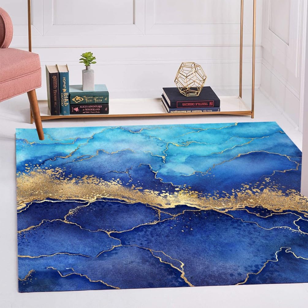 Ultra Soft Comfort Wool Washable Large Square Rugs 4x4 Gradient Dark Blue Gold Marble Abstract Burst Rug for Living Room Dining Room Playroom Art Deco