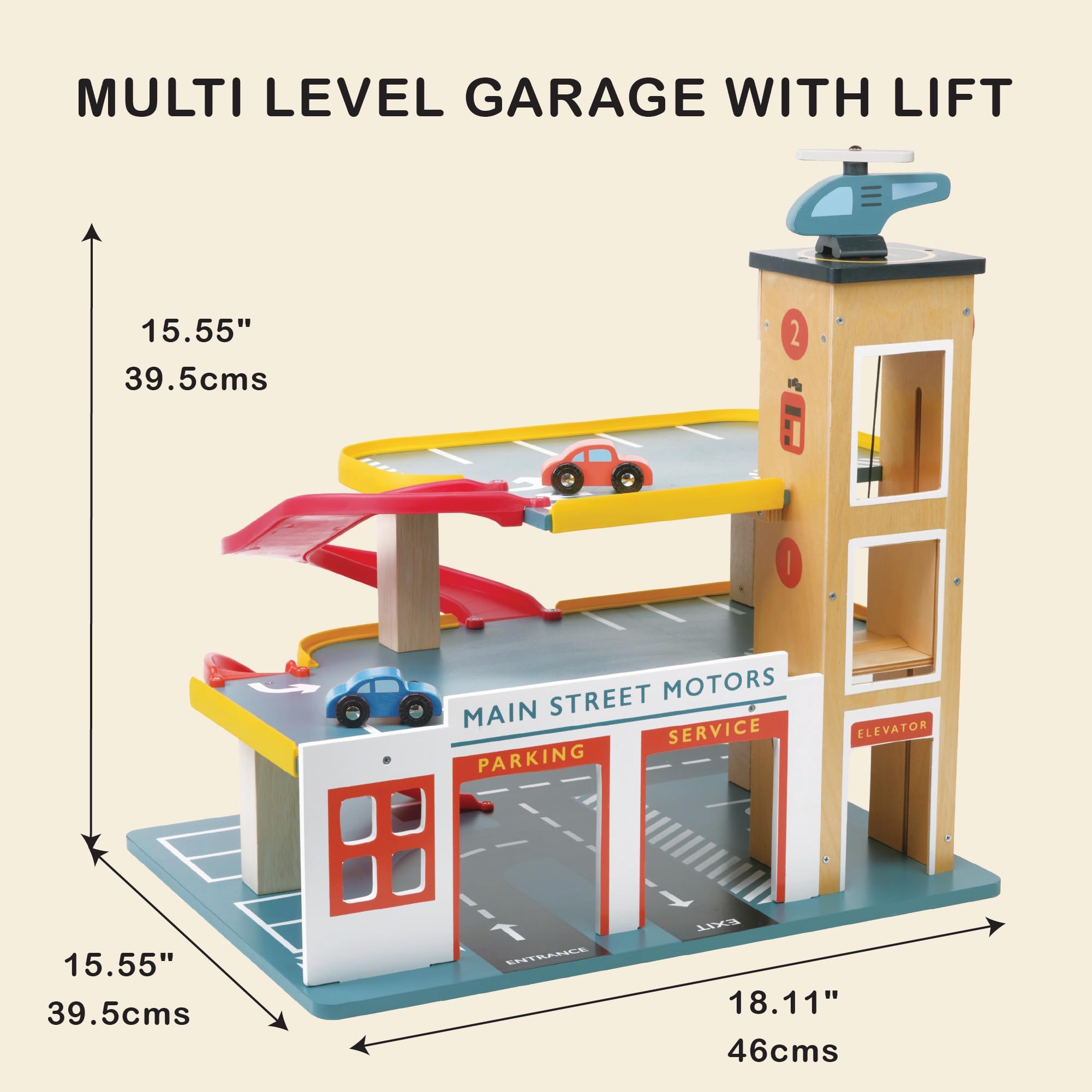 Mentari Garge multilivello con ascensore - Parcheggio in legno con 3 livelli 2 rampe fornito con 2 auto e un elicottero - Immaginazione e narrazione - Età 3+