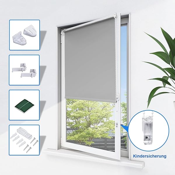 Verdunklungsrollo Klemmfix ohne Bohren Rollos für Fenster Innen B40 x H170 cm Hellgrau Thermorollo Klemmrollo Seitenzugrollo Sicht-und Sonnenschutz Wandmontage - 4