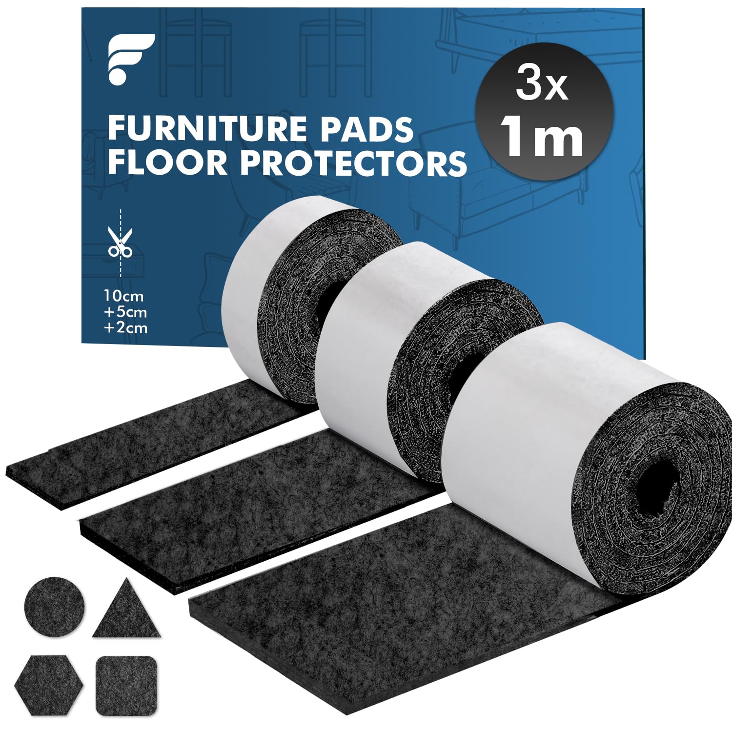 shinfly Furniture Pads Floor Protectors 3x1M, Felt Pads For Furniture Feet Chair Leg, Self-adhesive, Anti-scratches and Reduce Noise - Black