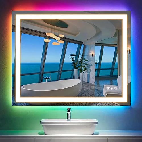 LED Bathroom Mirror, LED Bathroom Mirror with RGB Backlit Lights, Touch Control, Anti-Fog, Memory Function, RGB Color Changing LED Mirror for Home,