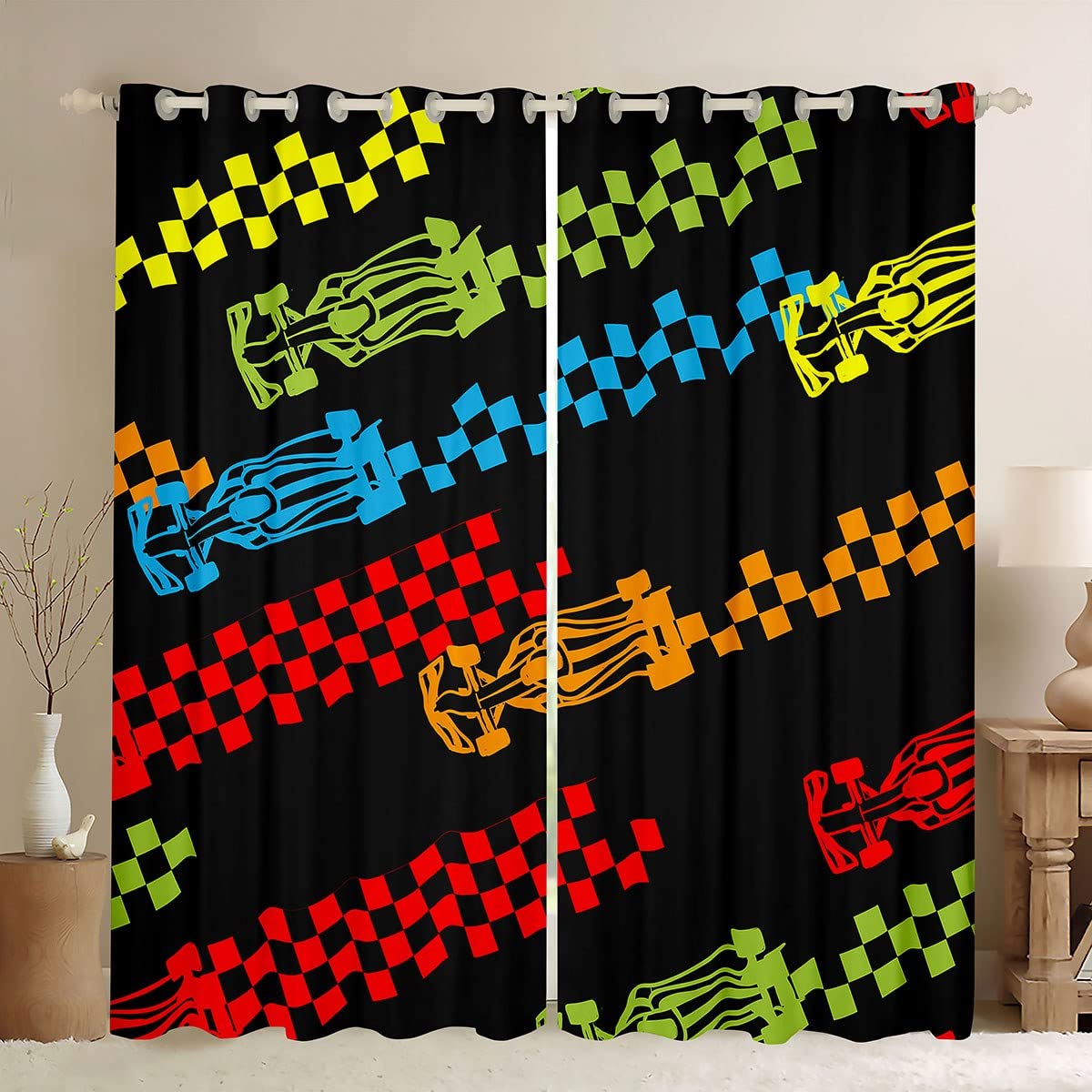 richhome Kids Race Car Curtains,Cartoon Sports Car Window Curtains For Boys Girls Teens,Colorful Grid Window Treatment Home Decor,Racing Theme Darkening Drapes For Living Room Bedroom,46Wx72L
