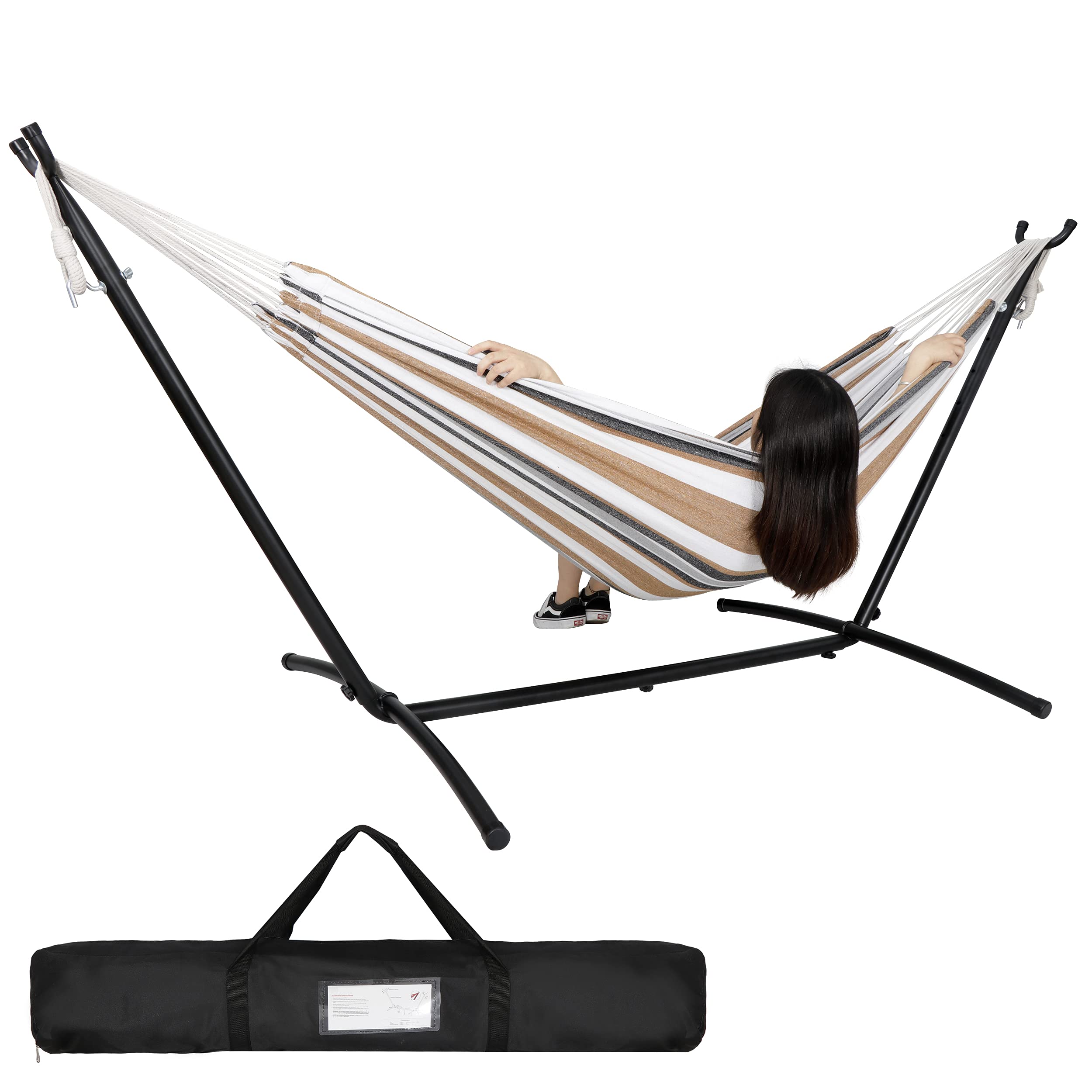 Epetlover Portable 2-Person Hammock with Heavy Duty Steel Stand, Carrying Case and 6 Optional Hook Positions, Double Hammock for Indoor Outdoor Patio Bedroom (Desert Stripes)