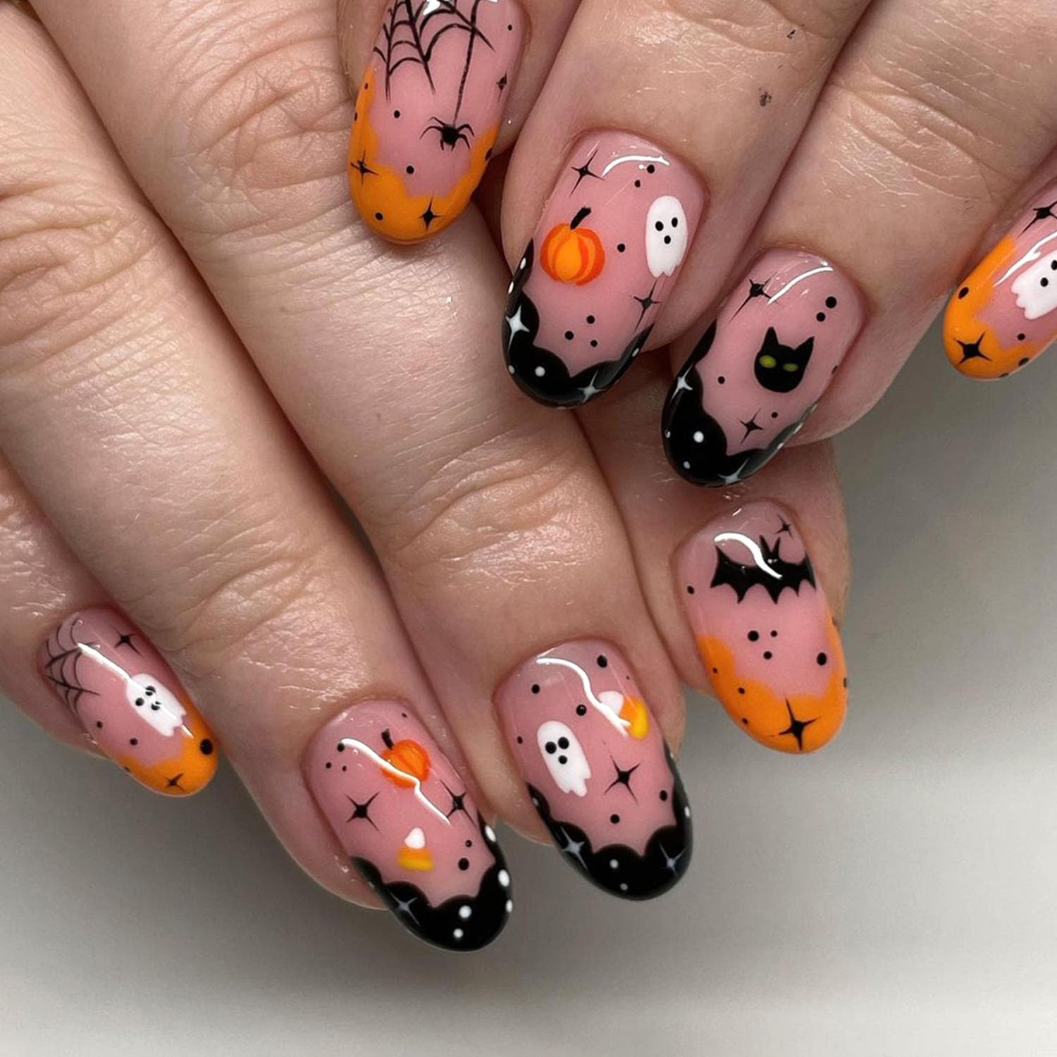 Halloween Press on Nails Medium Almond Fake Nails with French Designs, Ghosts Full Cover Nails Press ons Pumpkin & Spider Web Glue on Nails Cute Holiday Stick on Nails for Women 24 Pcs