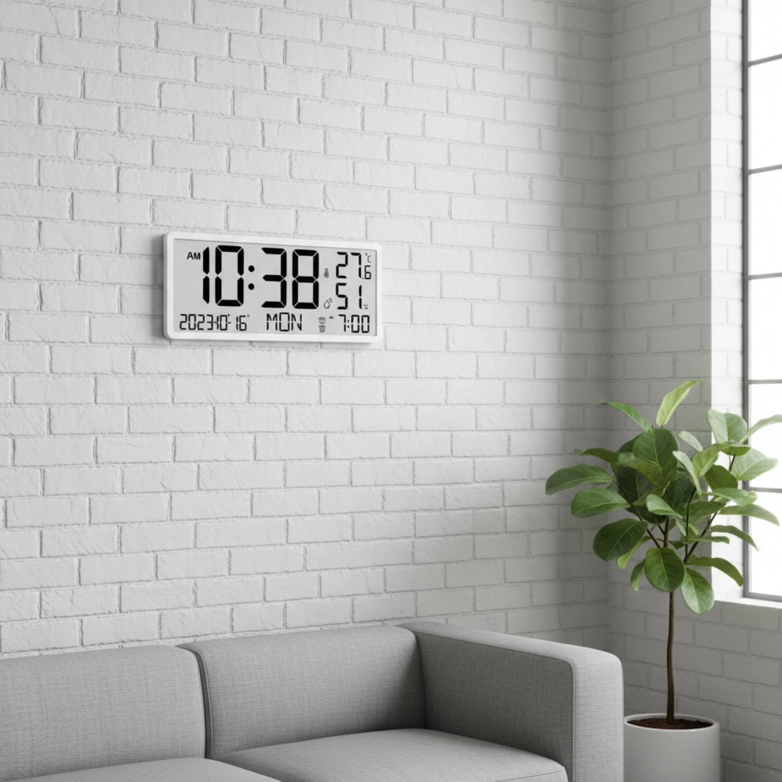 rockible Reloj de Pared Digital LCD Reloj Despertador Calendario Termómetro Higrómetro Pantalla Amplia Diseño Moderno Plástico y Vidrio con Información Diaria Apto para Hogar Estudio Trabajo, Negro