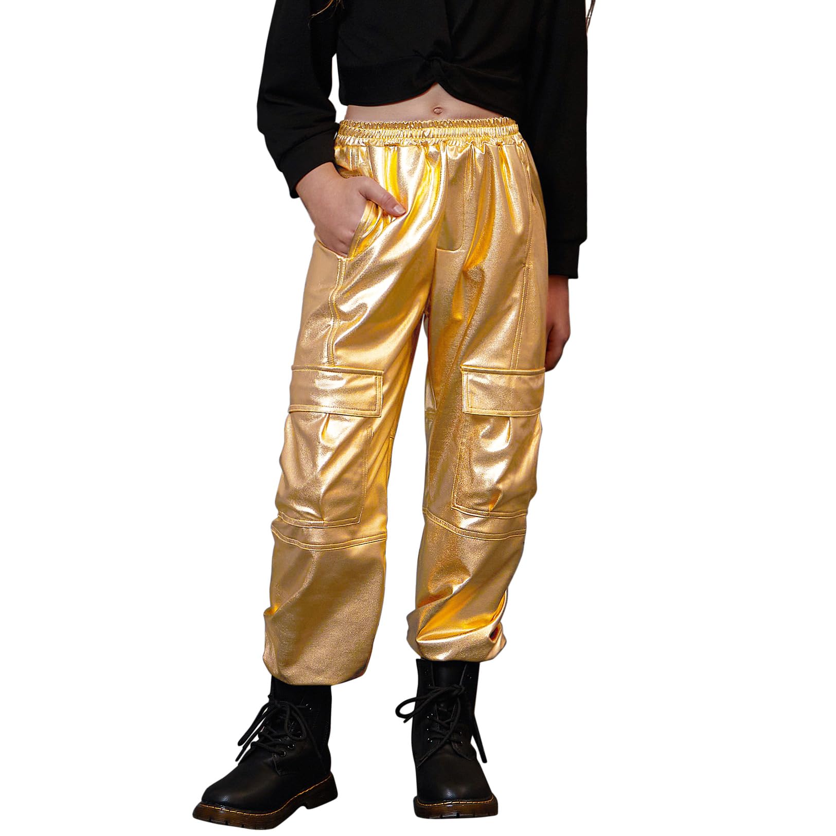 Perfashion Metallic Cargo Pants for Girls & Womens Hip Hop Dance Multi-Pocket Joggers High Waist Pants 6-15Y