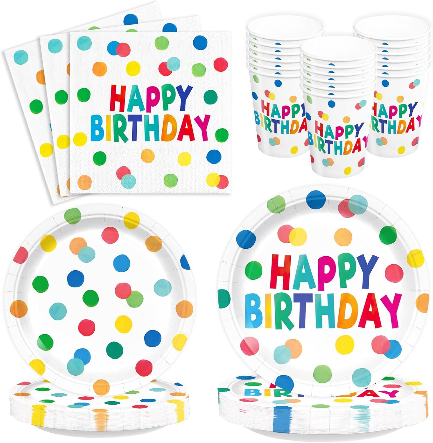 96pcs Happy Birthday Party Plates and Napkins Polka Dots Birthday Party Supplies Colorful Dots Paper Cup Party Supplies for Girls Boys Serve 24 Guests
