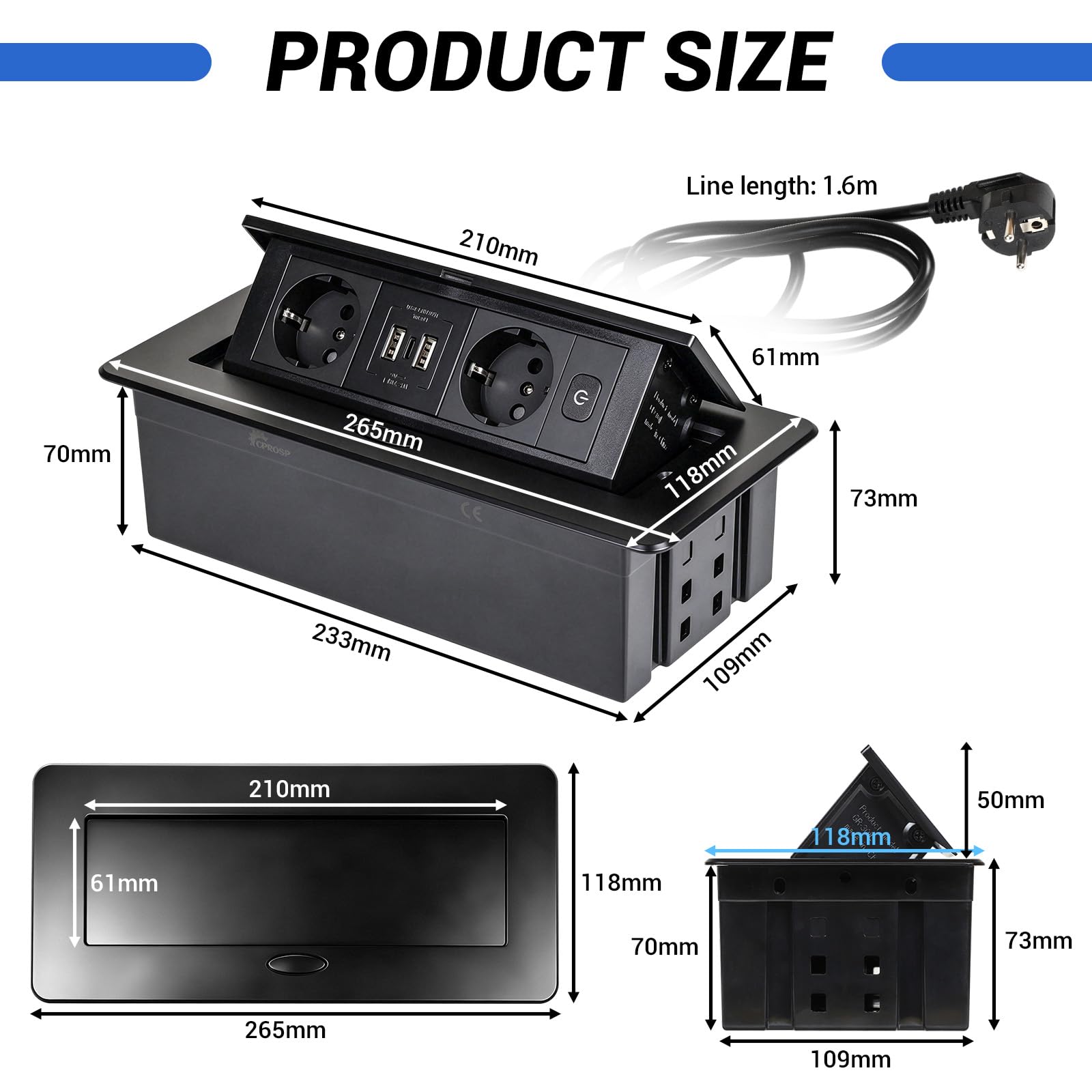CPROSP Multipresa a Scomparsa da Incasso con 2 Prese e 3 USB (2a+1c) | Specifiche: Multipresa a Scomparsa da Incasso con 2 Prese e 3 USB (2a+1c)