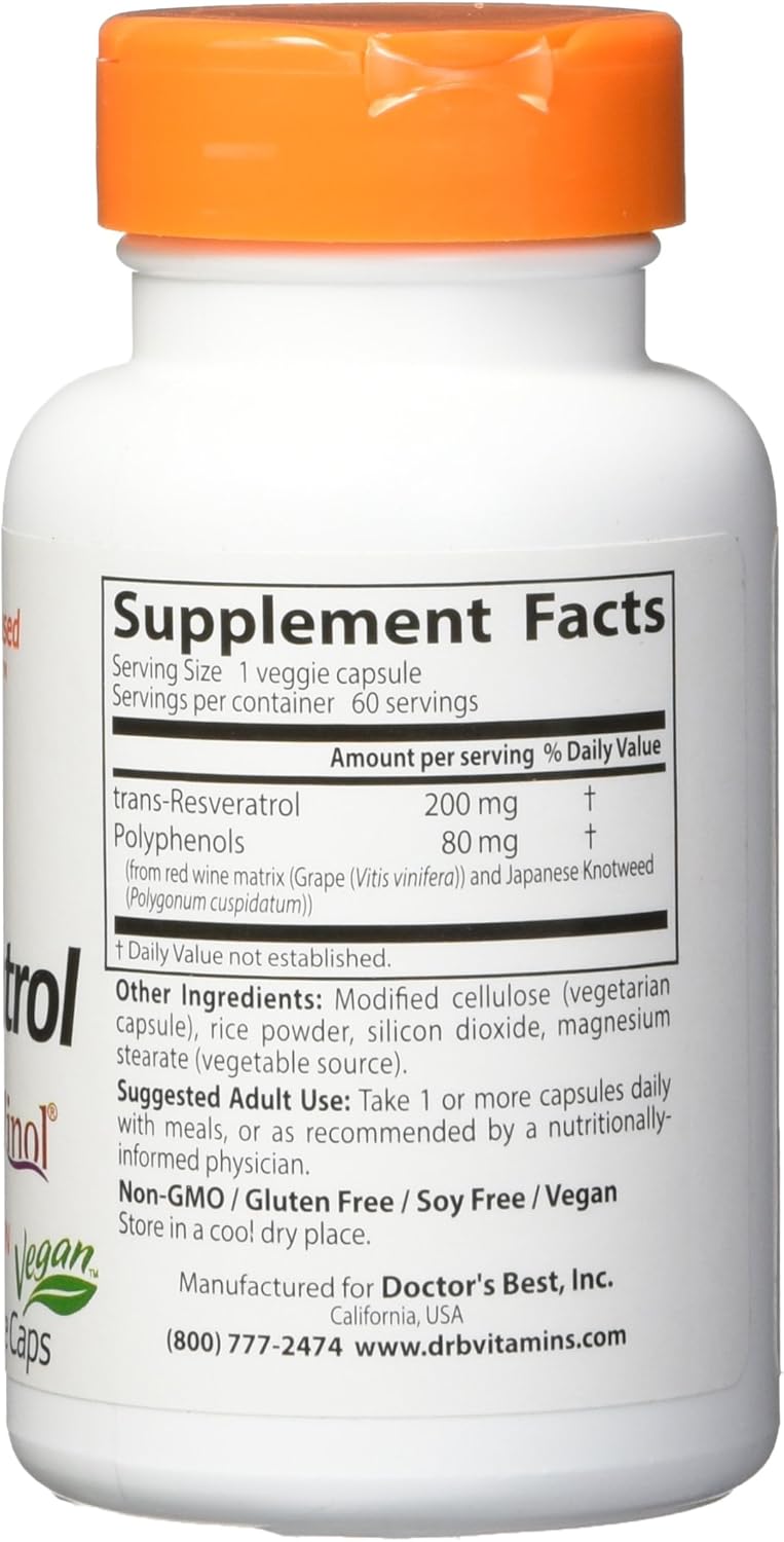 Doctor's Best, Trans-Resveratrol with ResVinol, Non-GMO, Vegan, Gluten & Soy Free, 200 mg, 60 Count : Health & Household